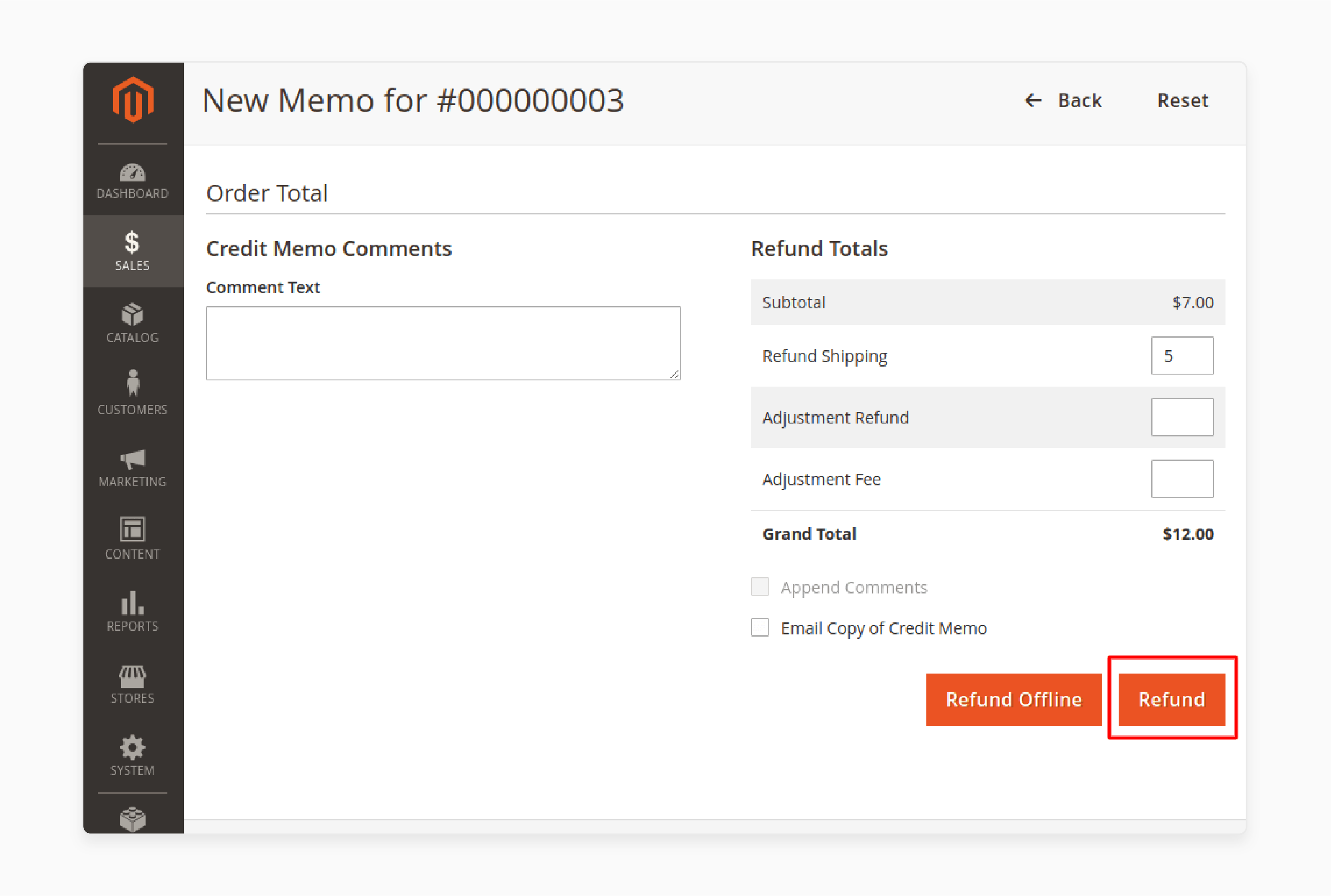 click the refund button for magento 2 orders