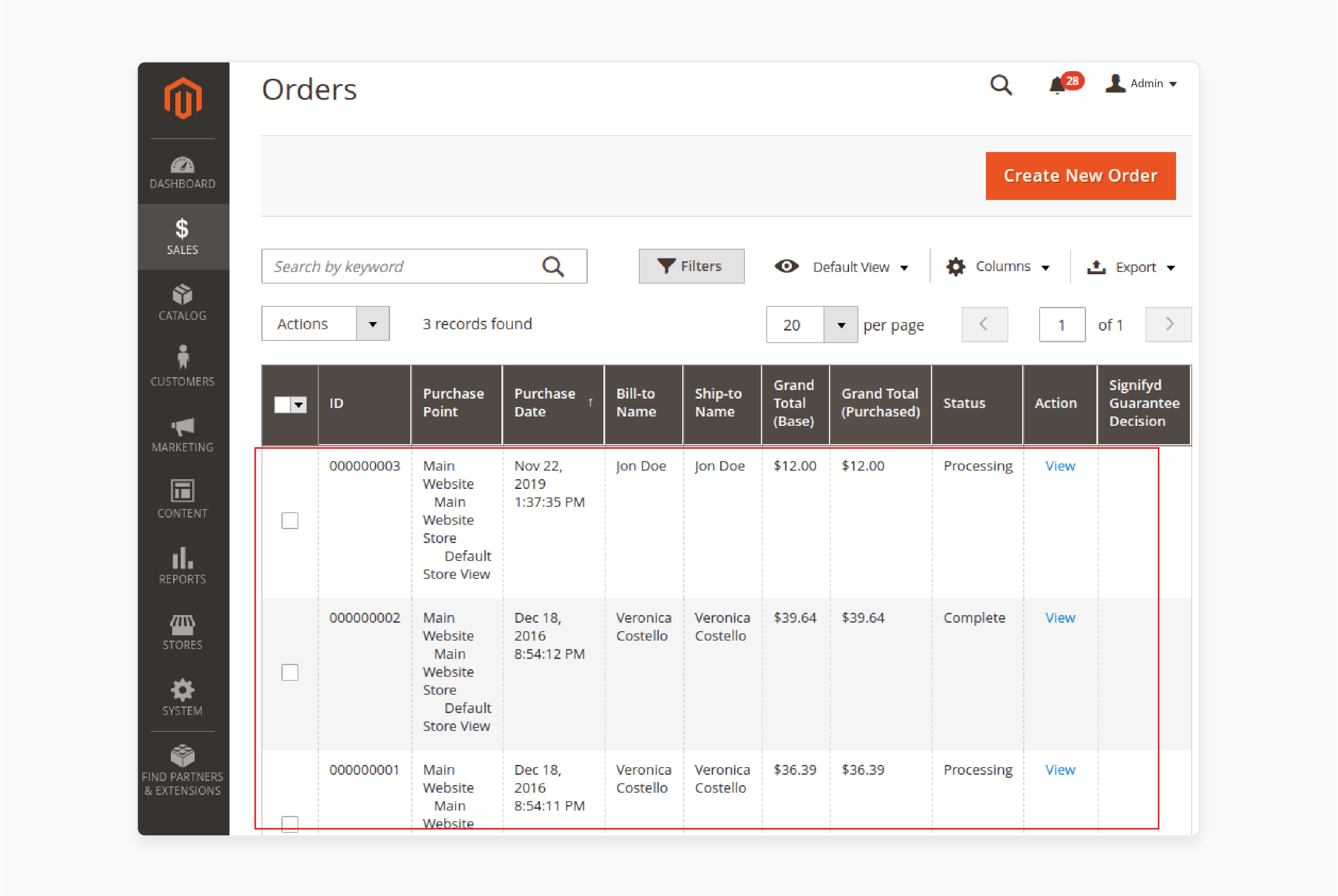 choose an order from the magento 2 orders grid