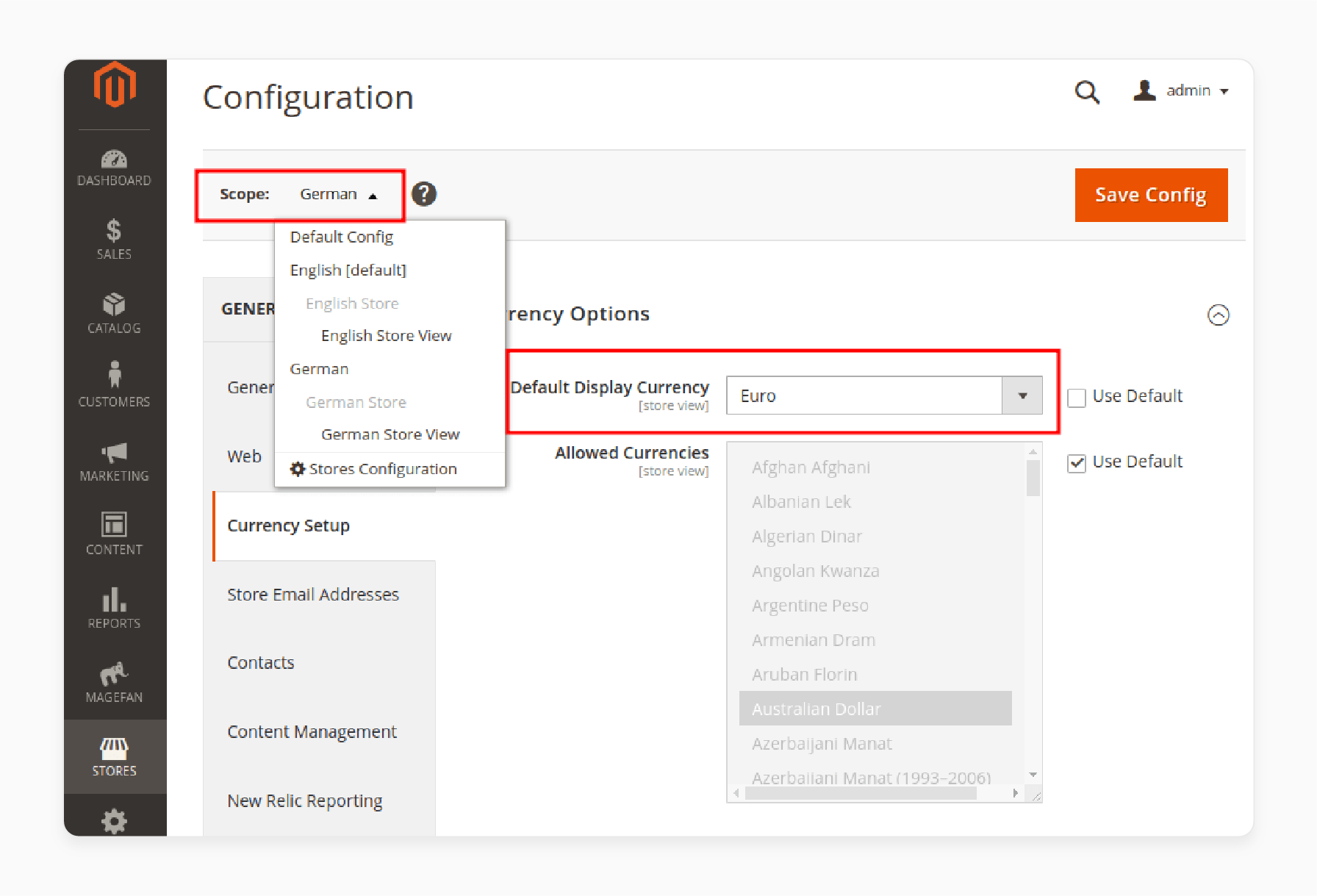 configuring default display currency for store views in magento 2