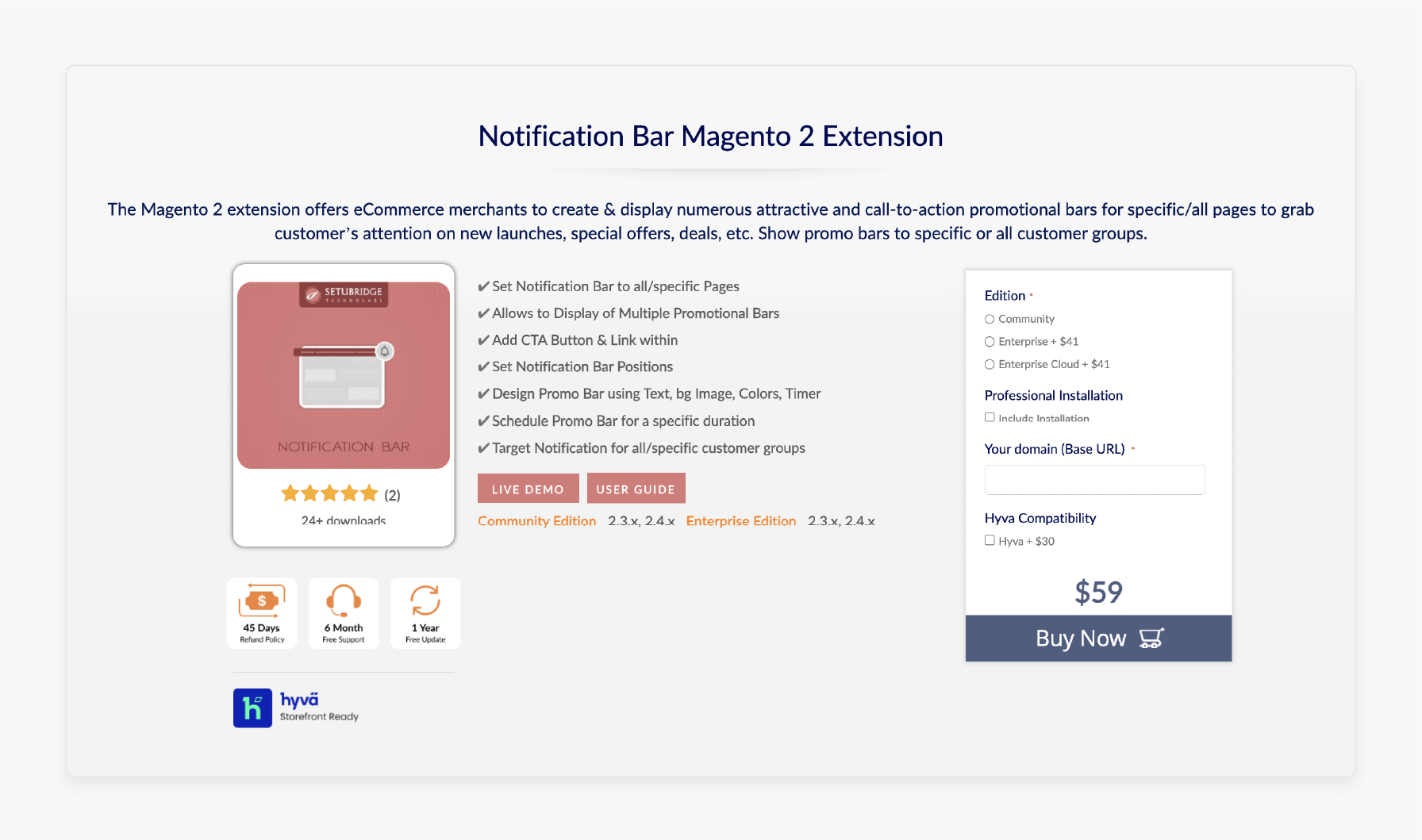 Setubridge Magento 2 notification bar with CTA buttons and flexible positioning.