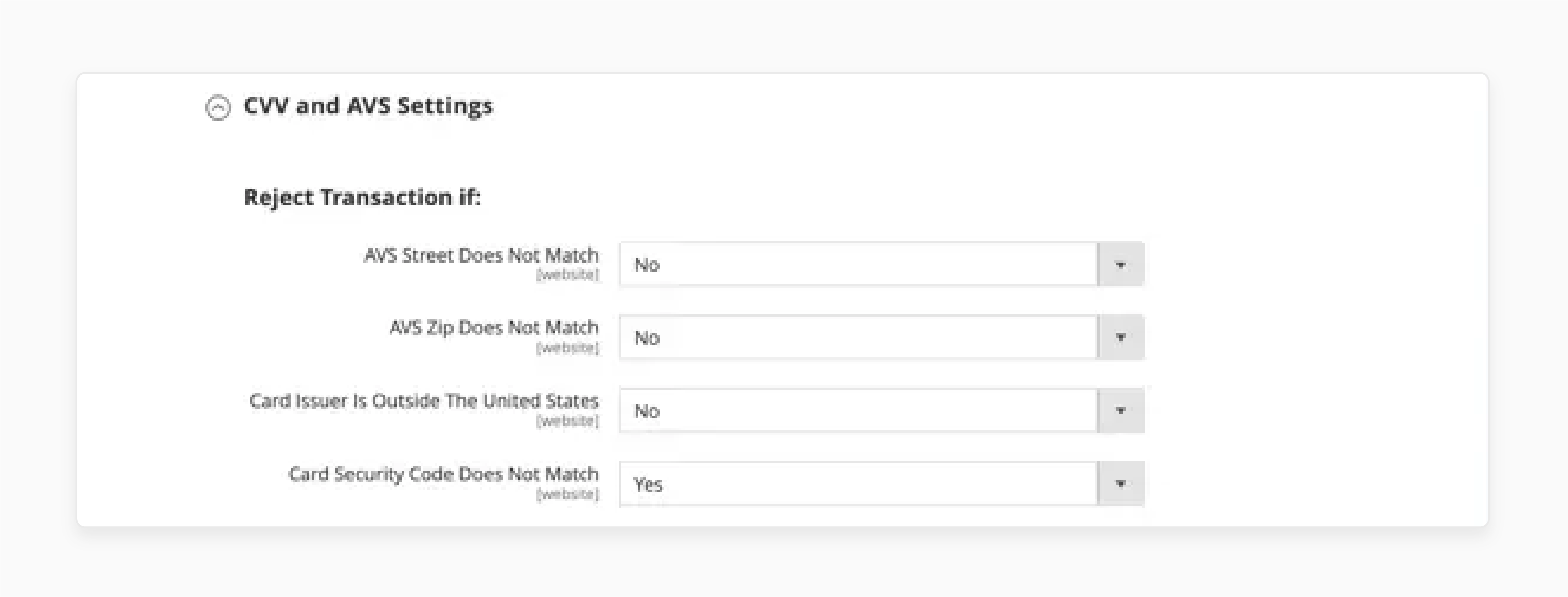 Expand the CVV and AVS Settings section