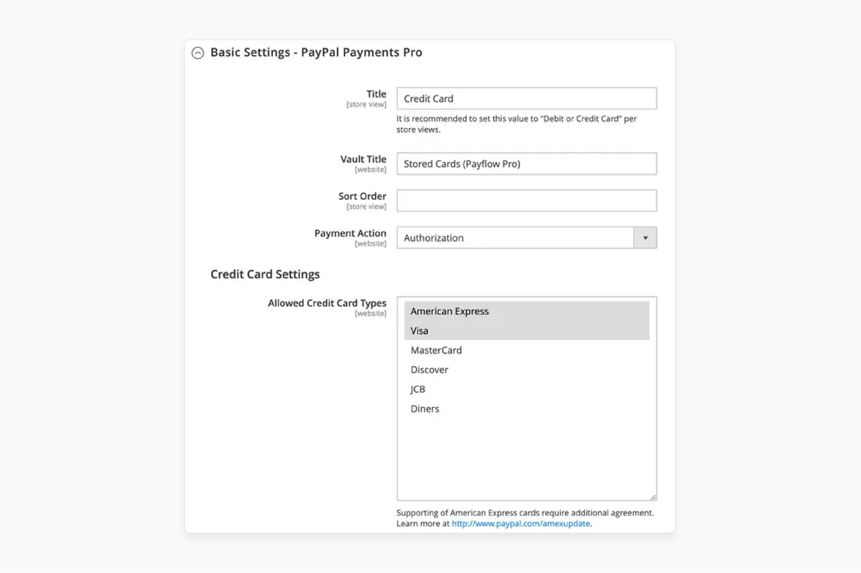 Expand the Basic Settings PayPal Payments Pro