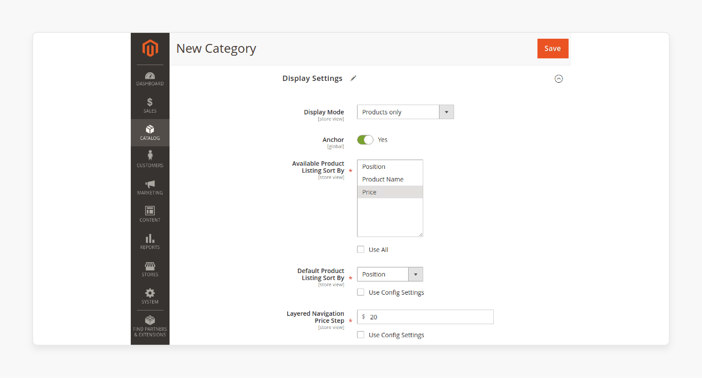 configuring category display settings and enabling anchor options in magento 2