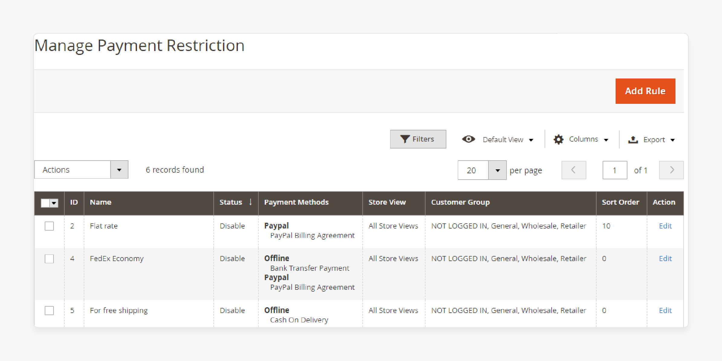 Manage payment rules in the Magento grid