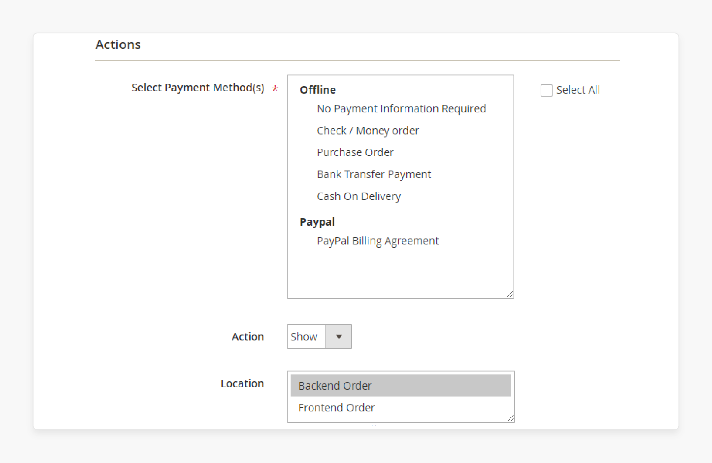 Define actions for payment rules