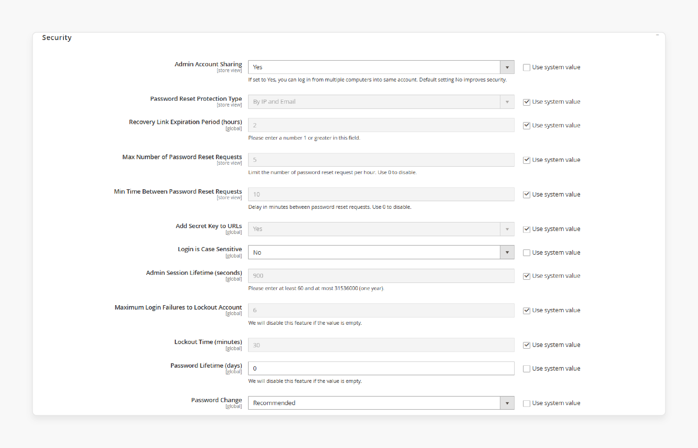 magento 2 security settings with the add secret key to urls option disabled to resolve export issues