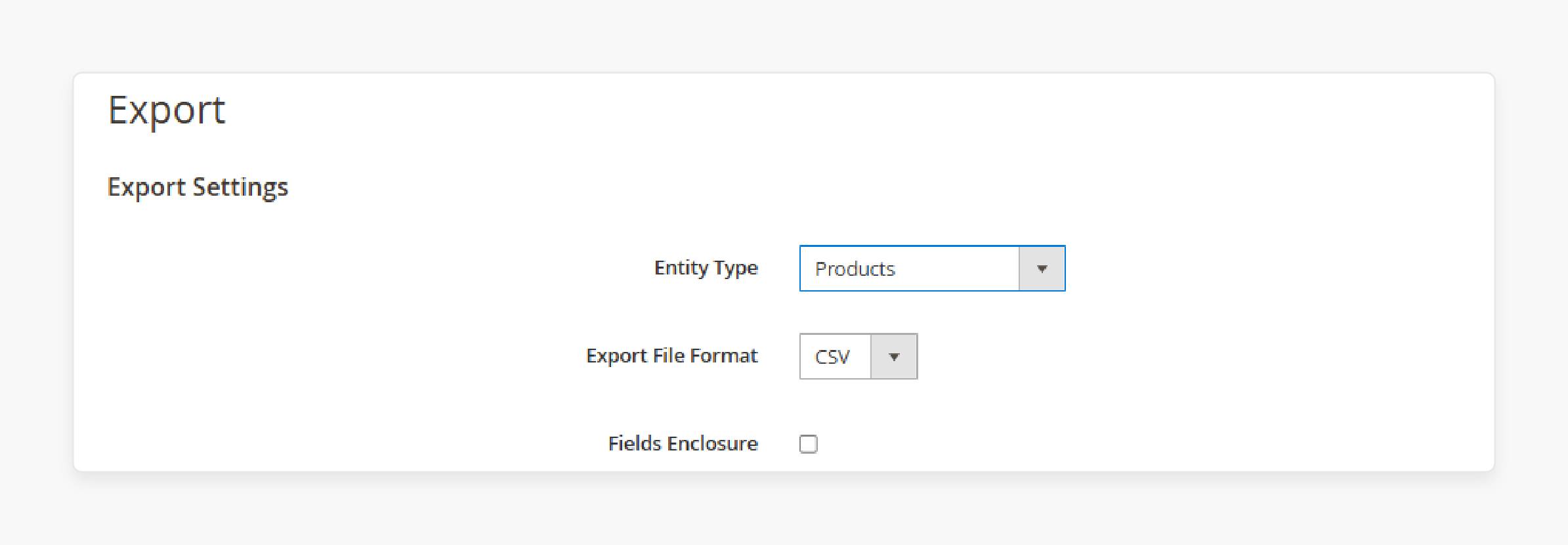 magento 2 entity selection and export file format configuration for product data exports