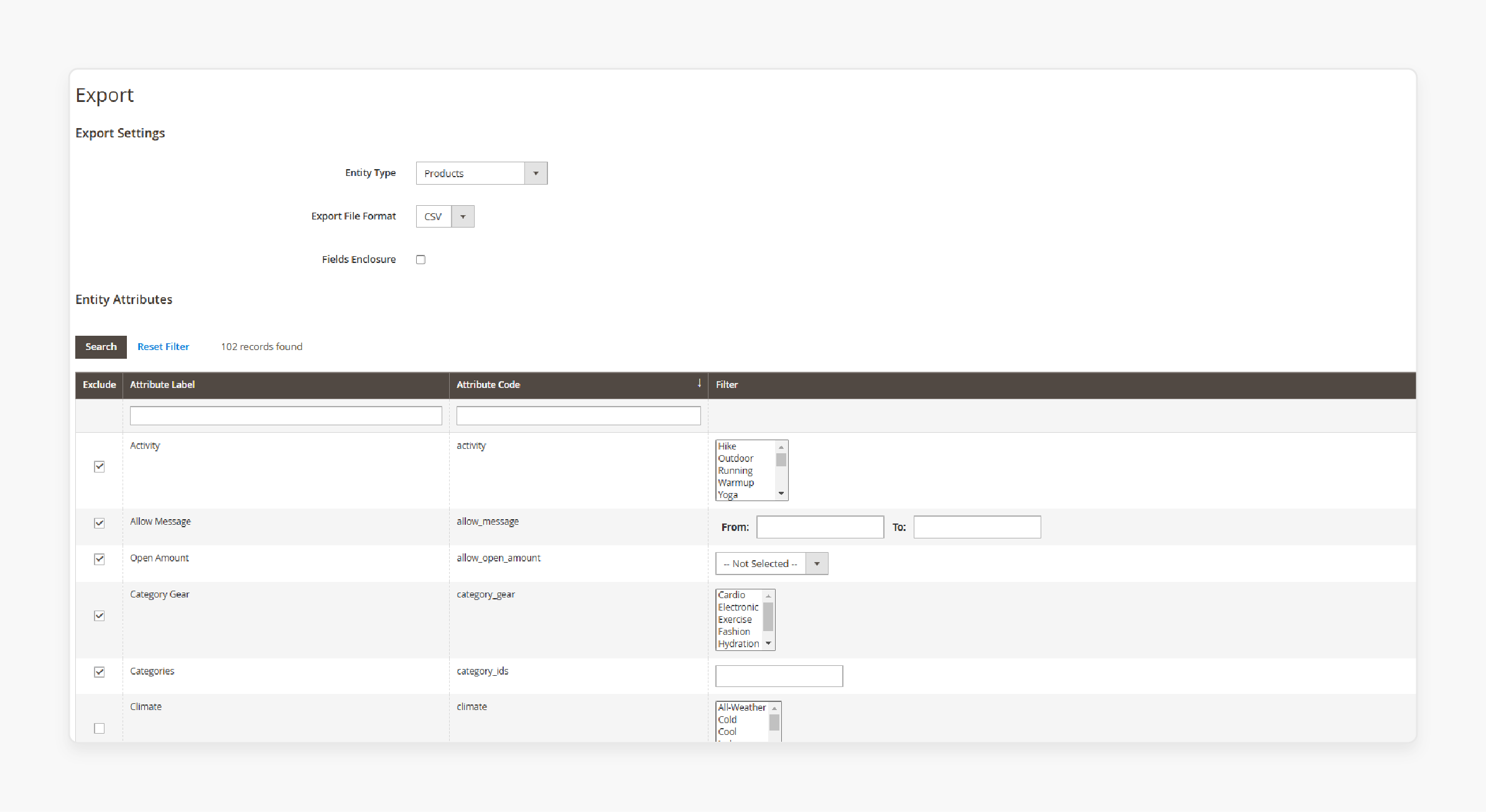 field selection options in magento 2 export grid for products, including activity and categories