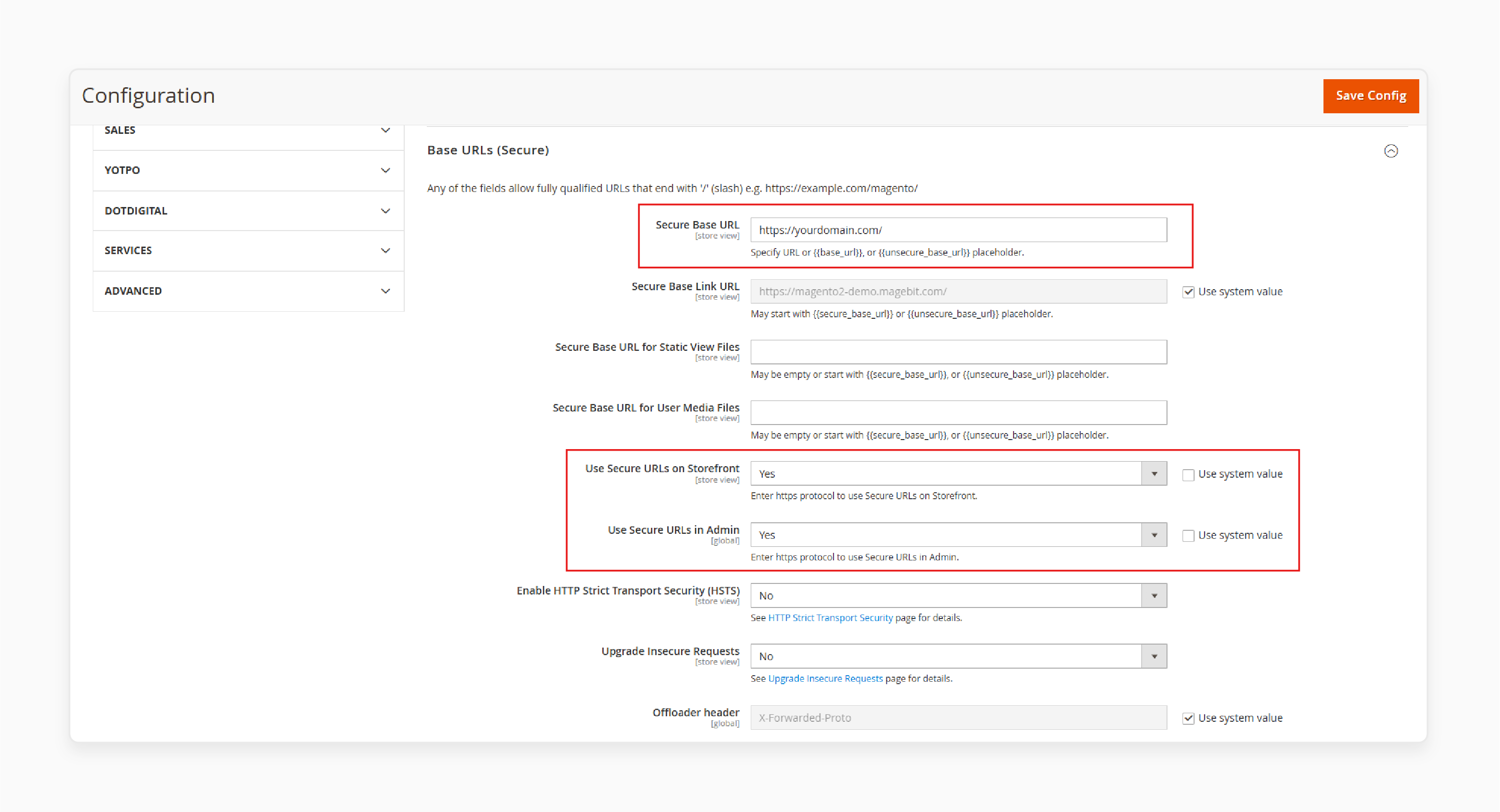 Confirguring Base URL in the Base URLs (Secure) Section in Magento Backend