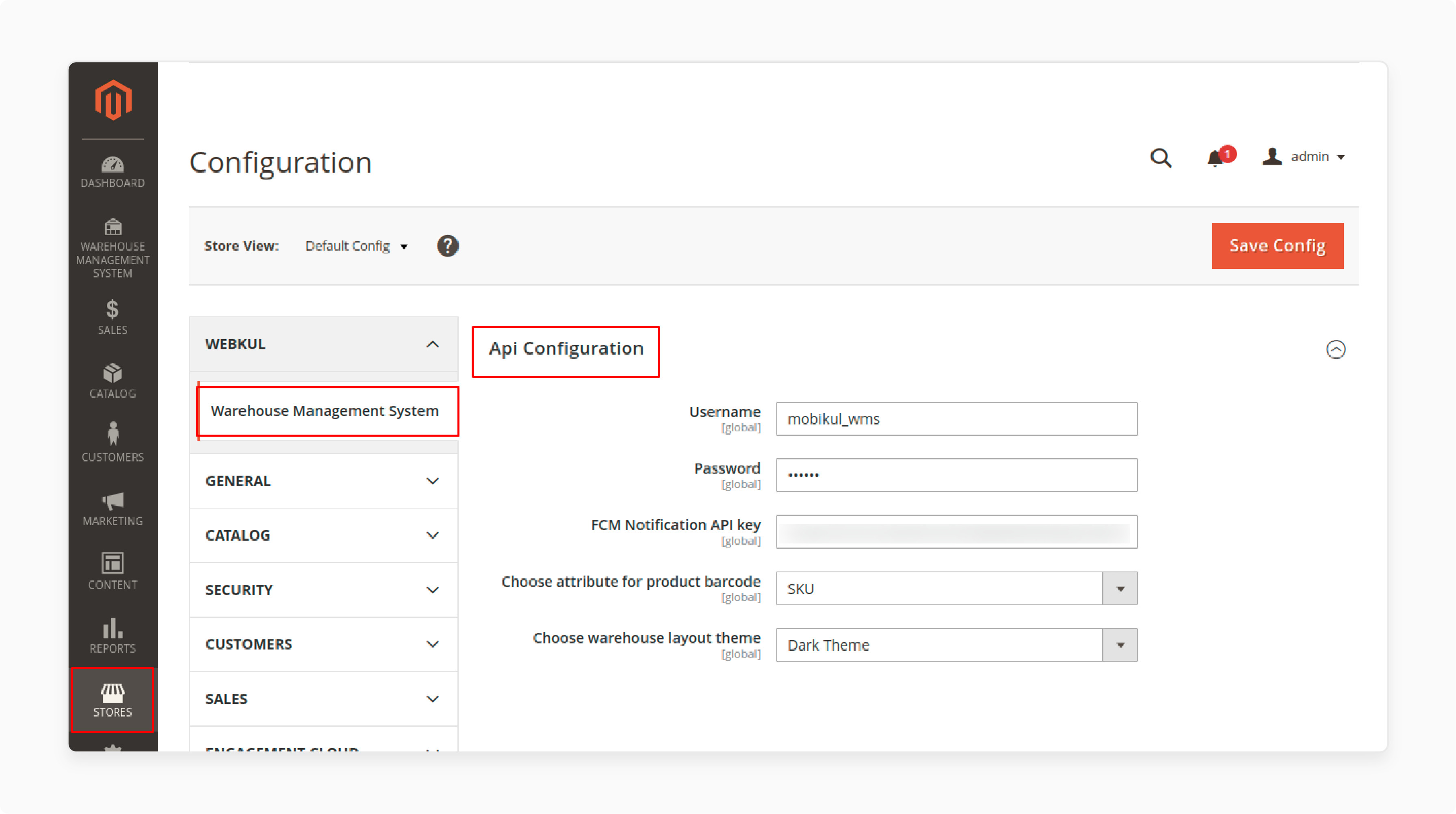 configuration options for magento 2 warehouse management system, including api and barcode setup