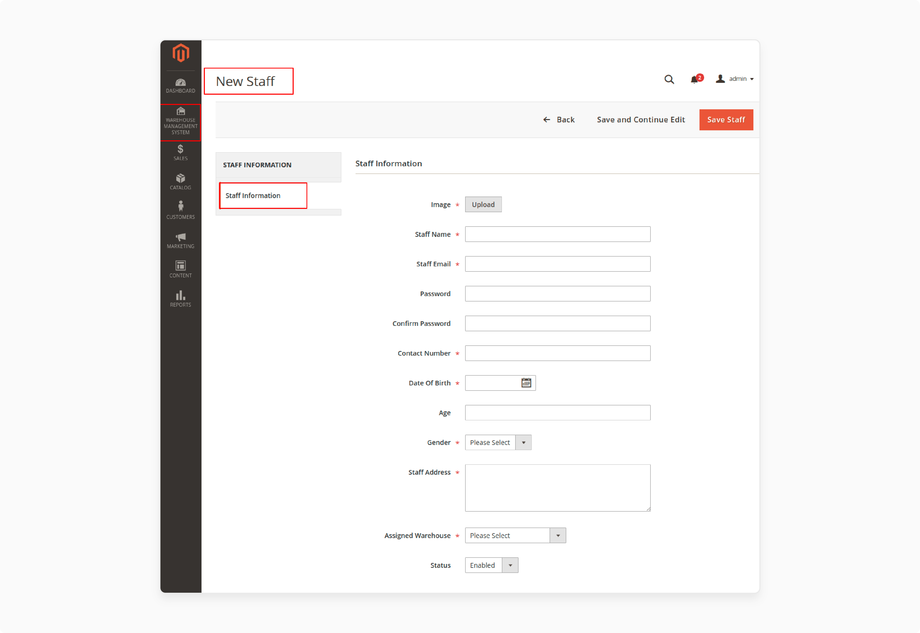 staff details entry form for warehouse management in magento 2