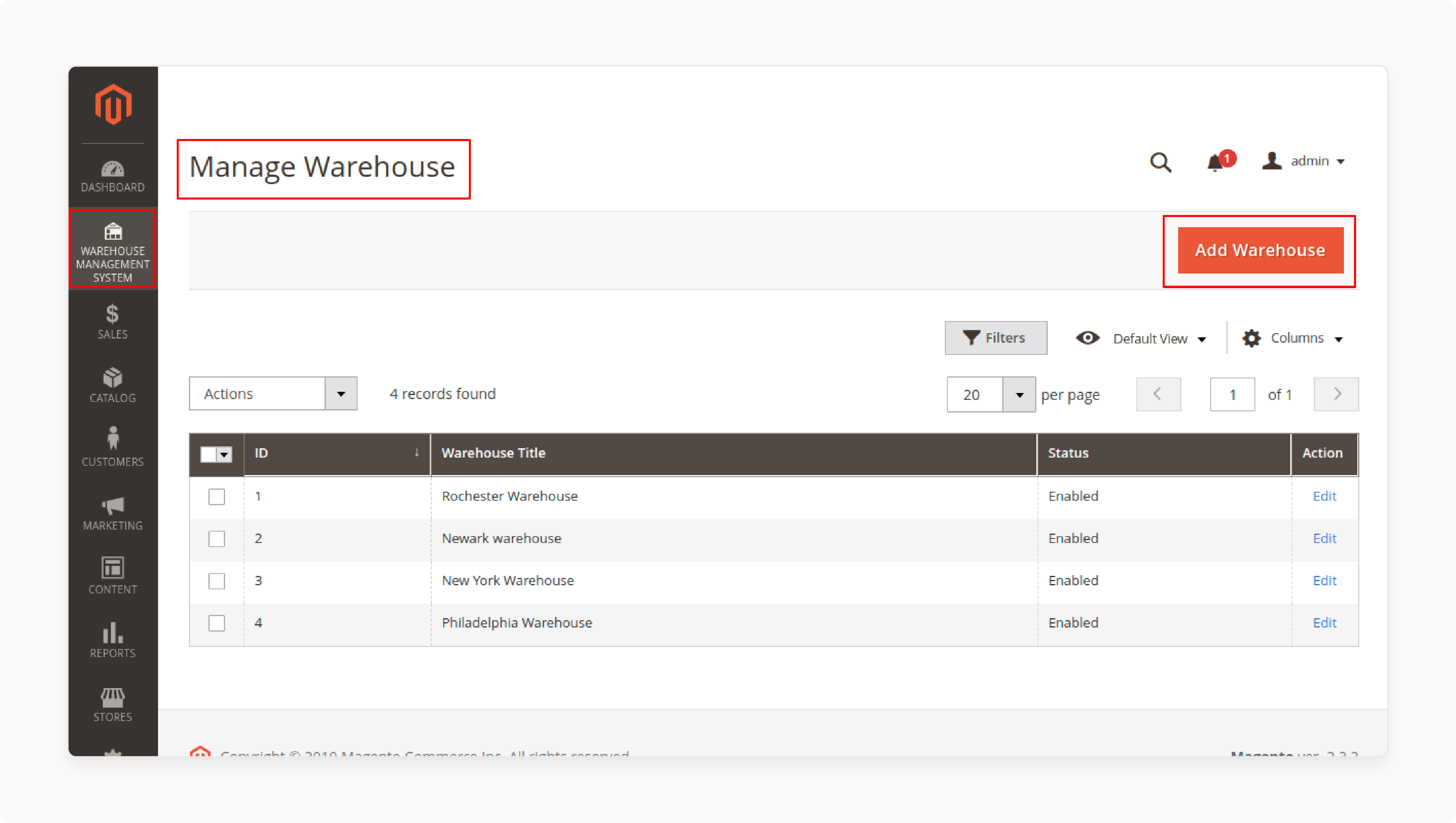 magento 2 admin interface for managing warehouses and setting stock priorities