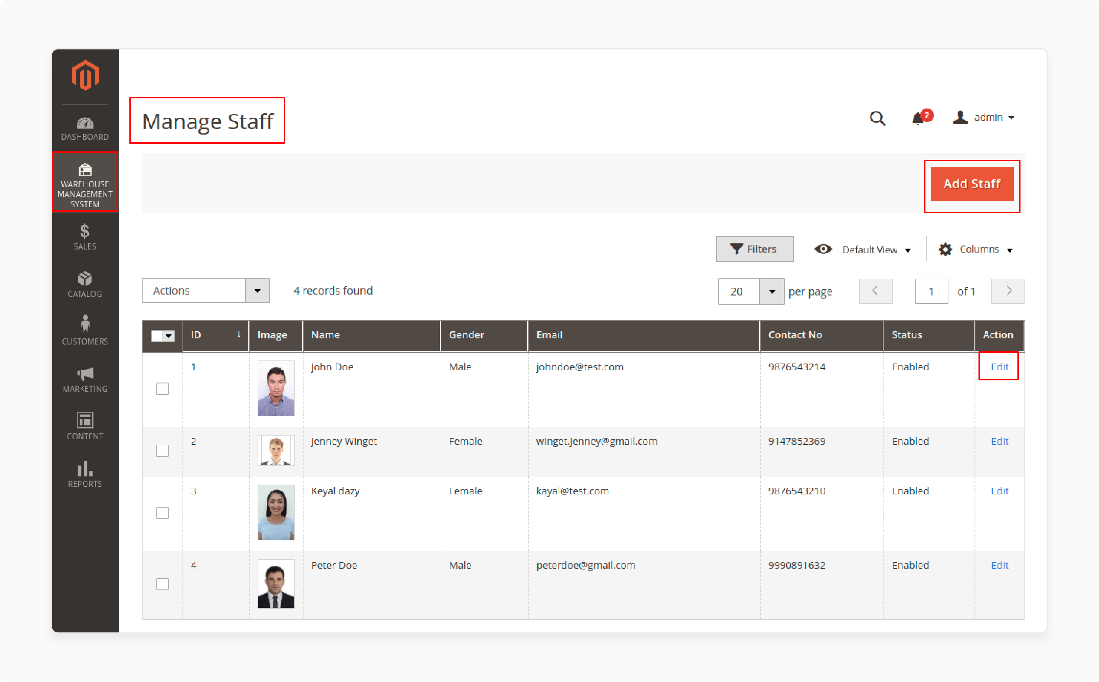 manage staff panel displaying warehouse staff information in magento 2