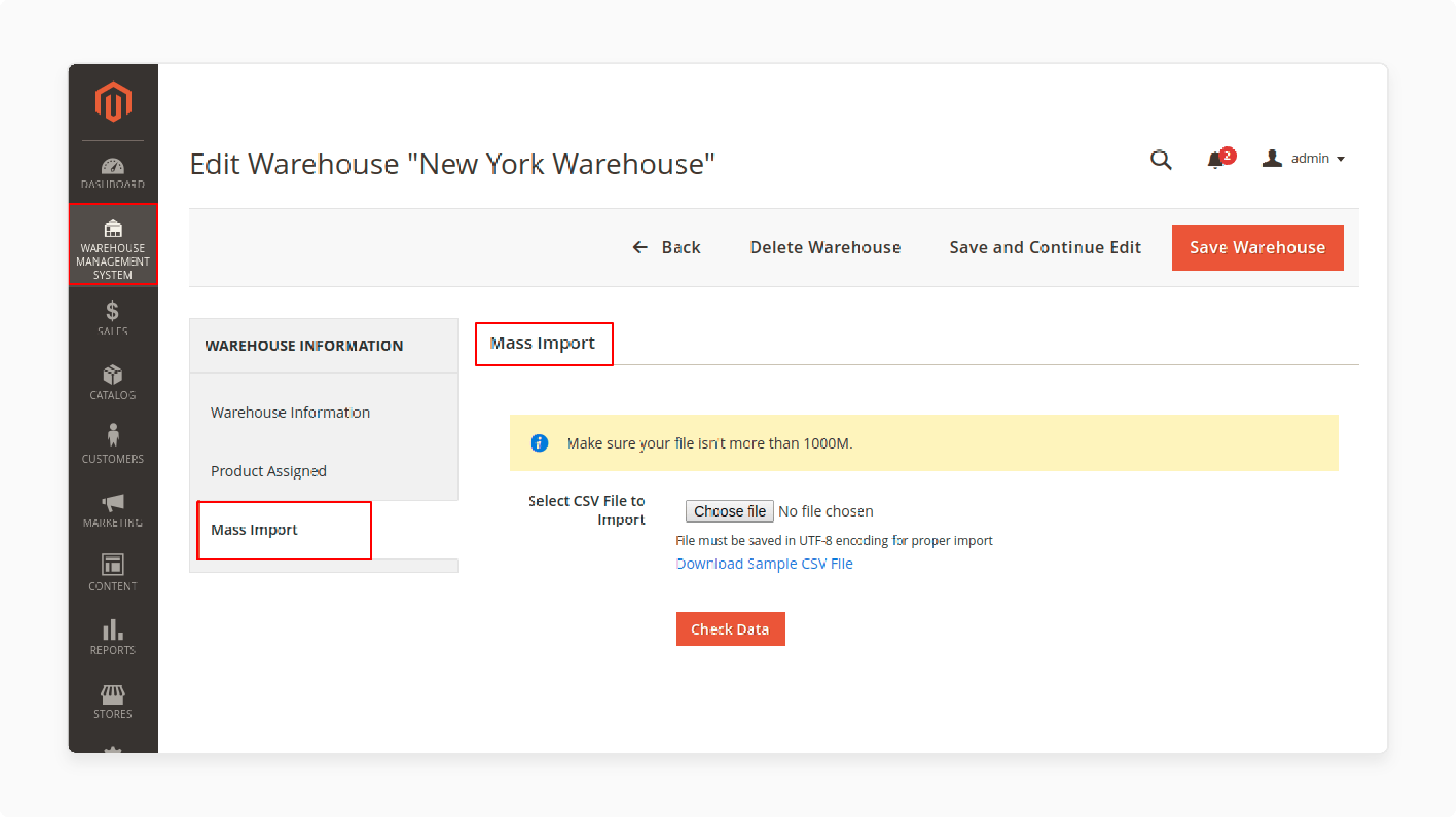 mass import functionality for warehouse data in magento 2 admin interface