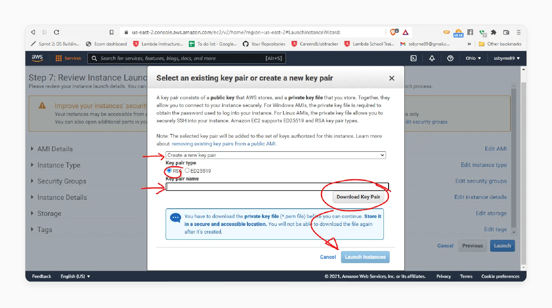 launching an aws ec2 instance for magento 2 deployment with key pair setup for secure access