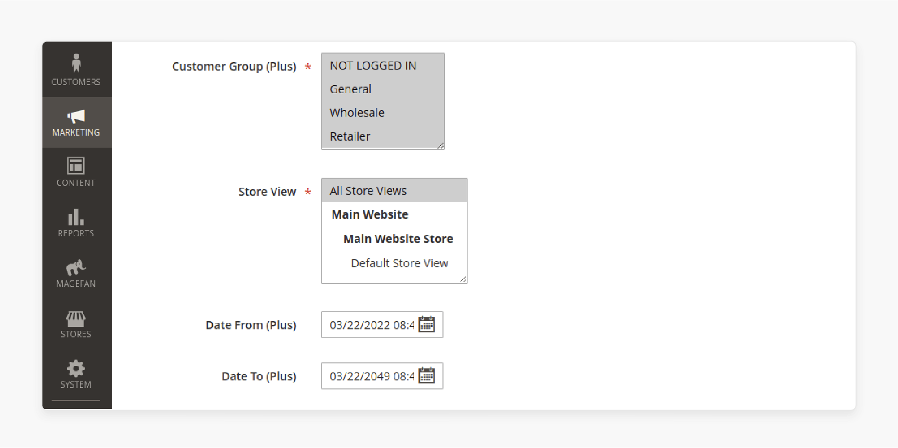 magento 2 configure customer group and store view for recommendation rules