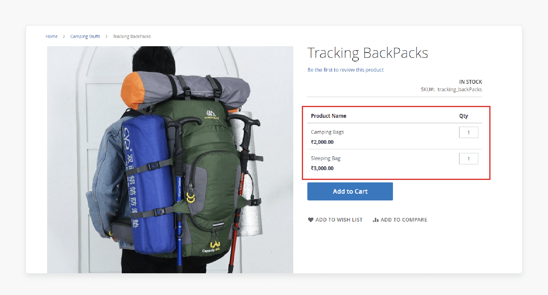 frontend display of a magento 2 grouped product showcasing tracking backpacks with quantity and price options