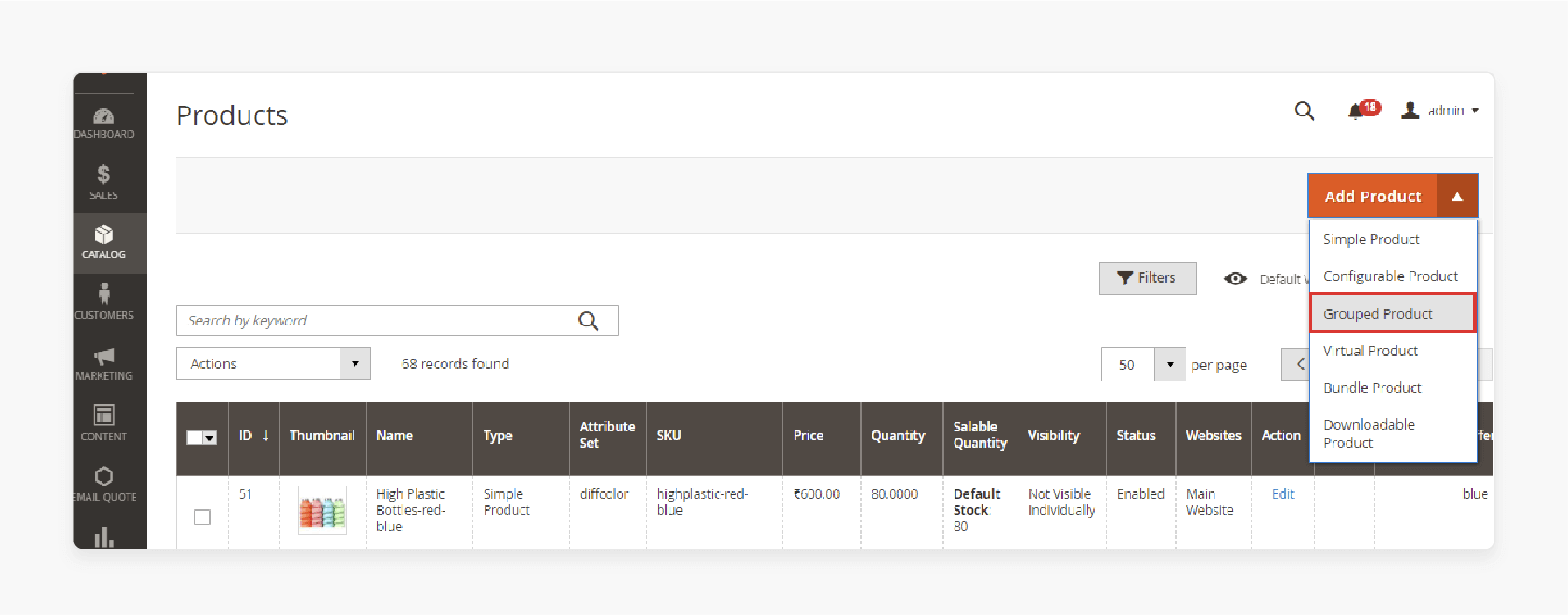 magento 2 admin interface with dropdown to select grouped product type