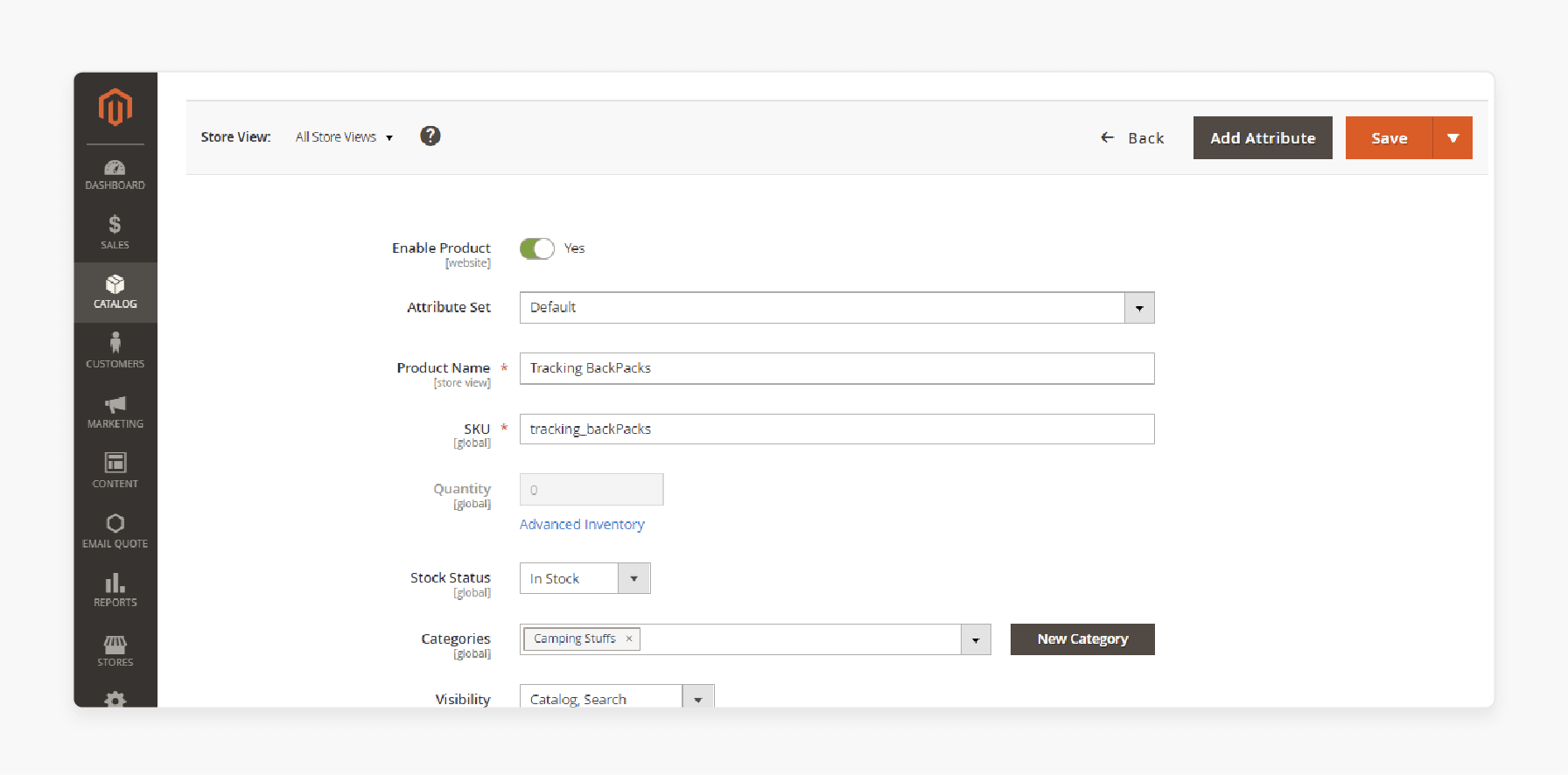 magento 2 admin panel showing fields for product name, sku, stock status, and categories