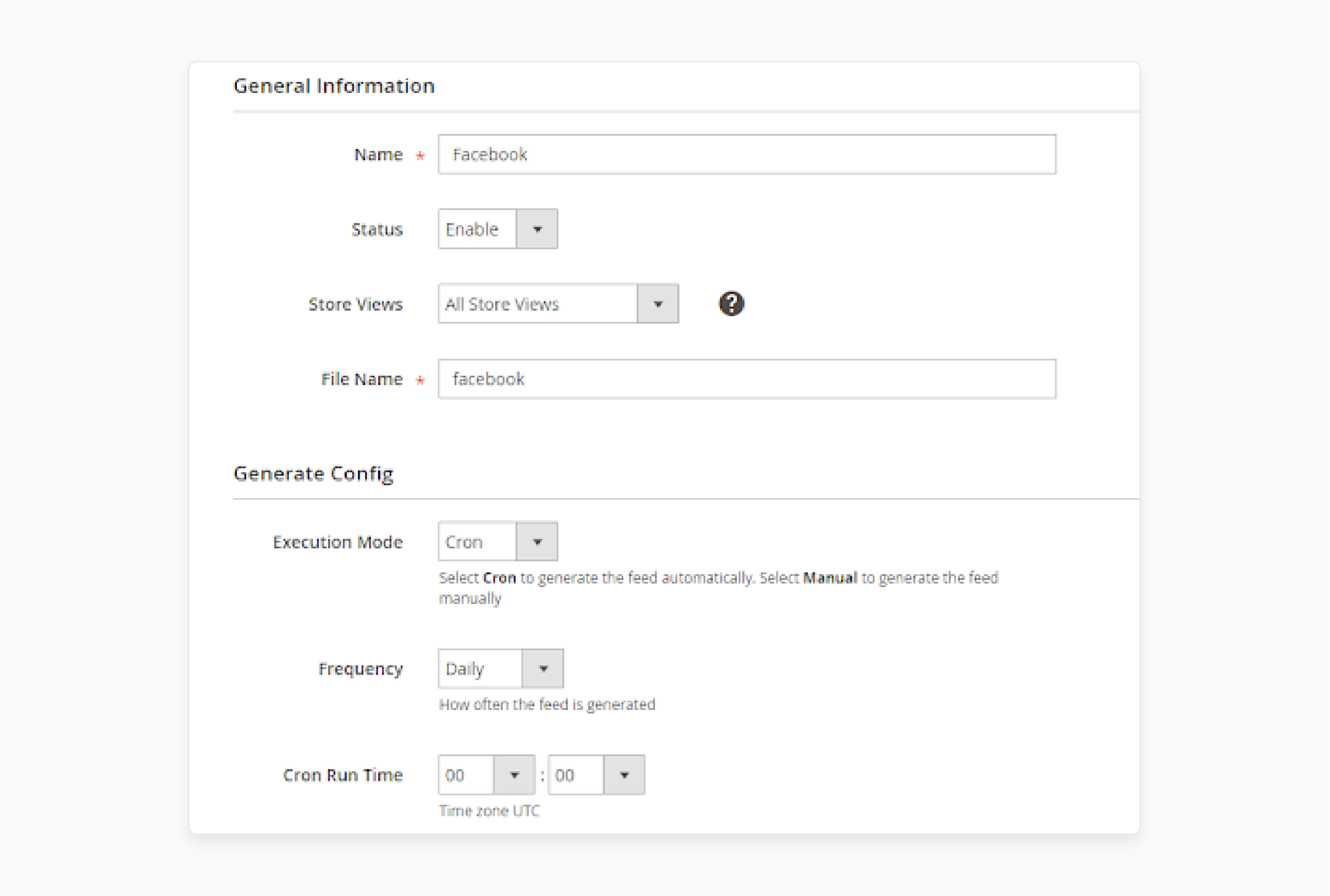 Configure settings like store view and execution mode for Facebook feed