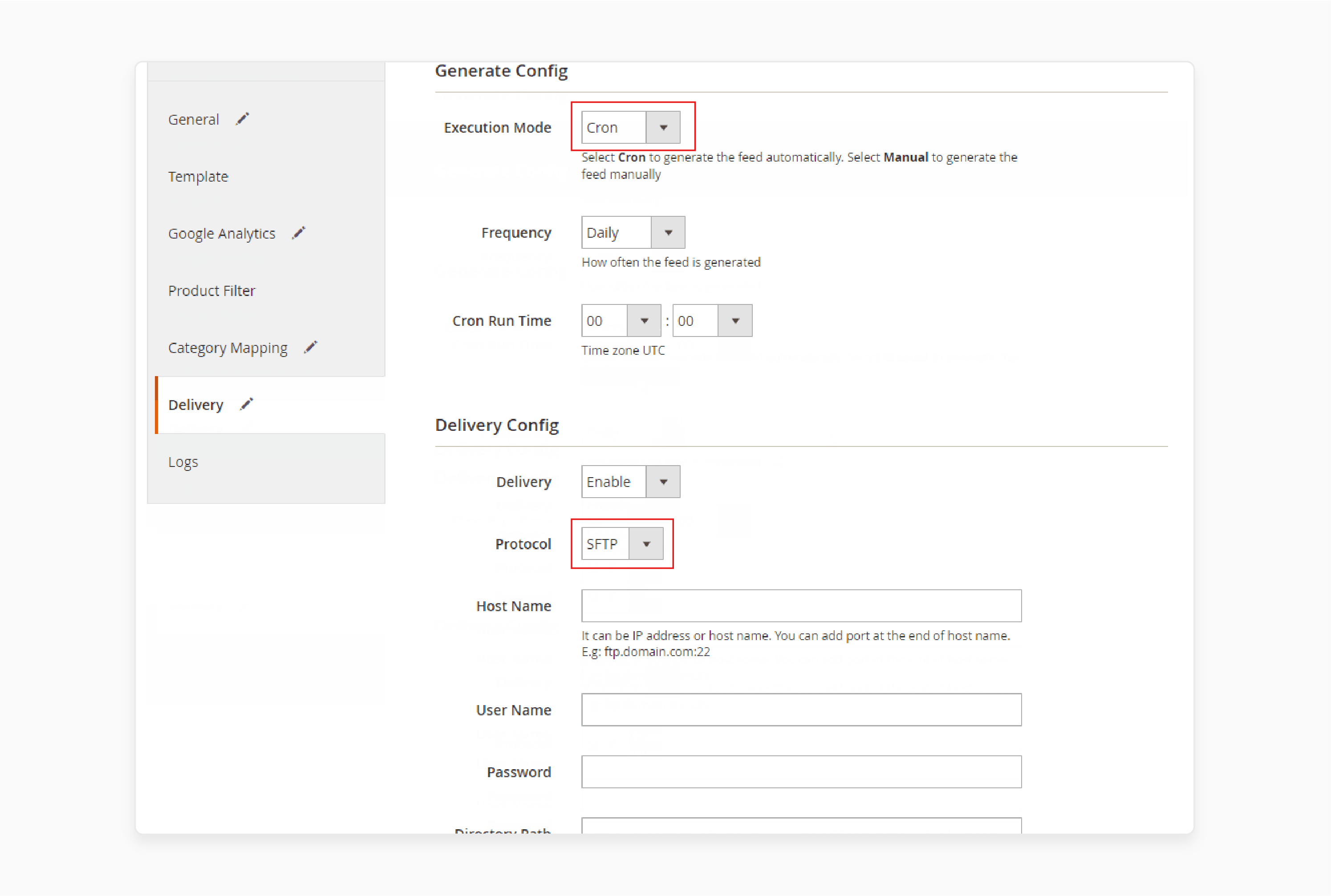 Choose FTP or SFTP to upload exported product feed files