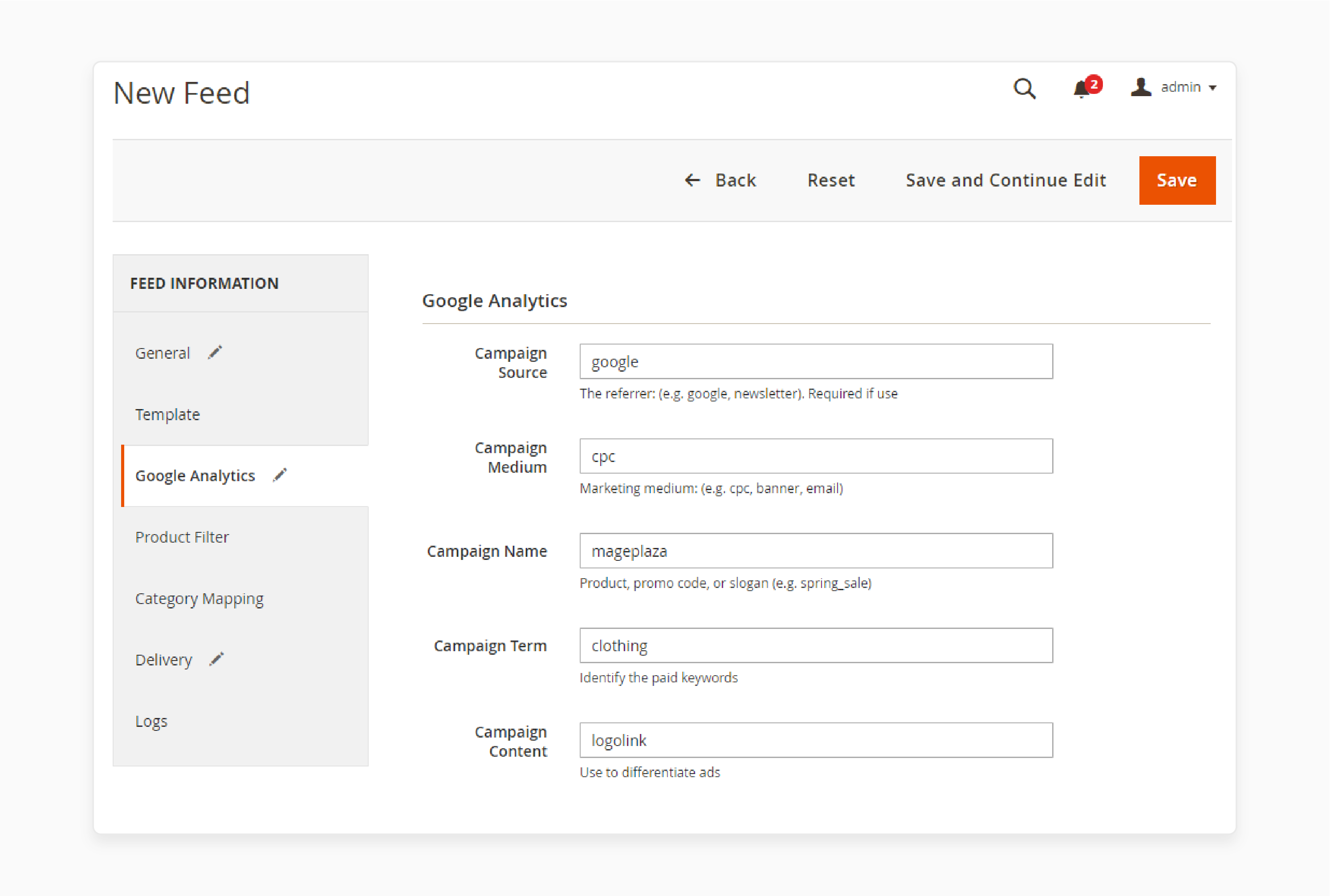 Input campaign details in Google Analytics for Facebook feed tracking