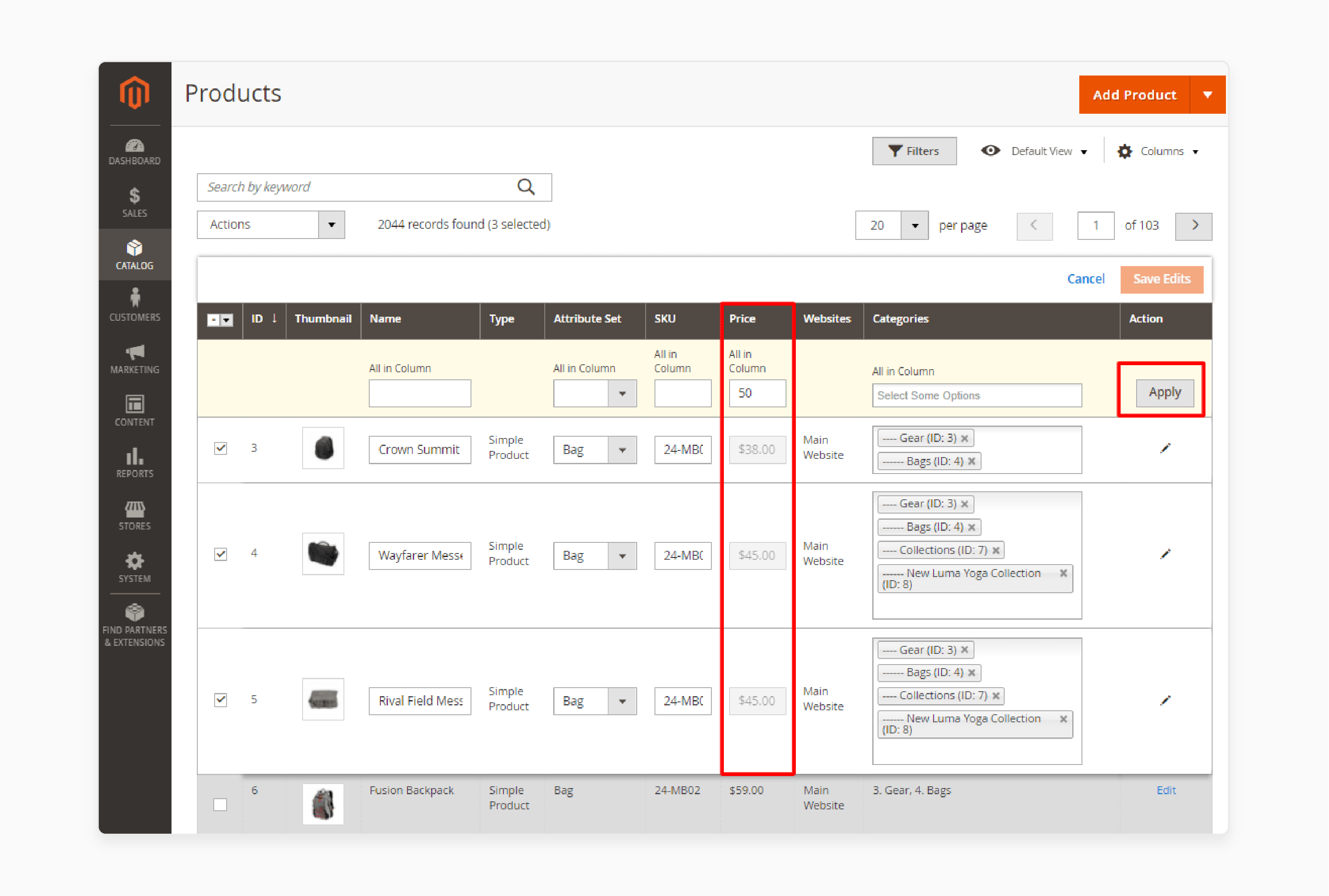 Update prices with mass actions