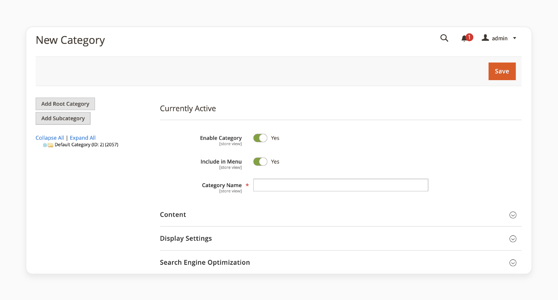 Category setup with root and subcategories