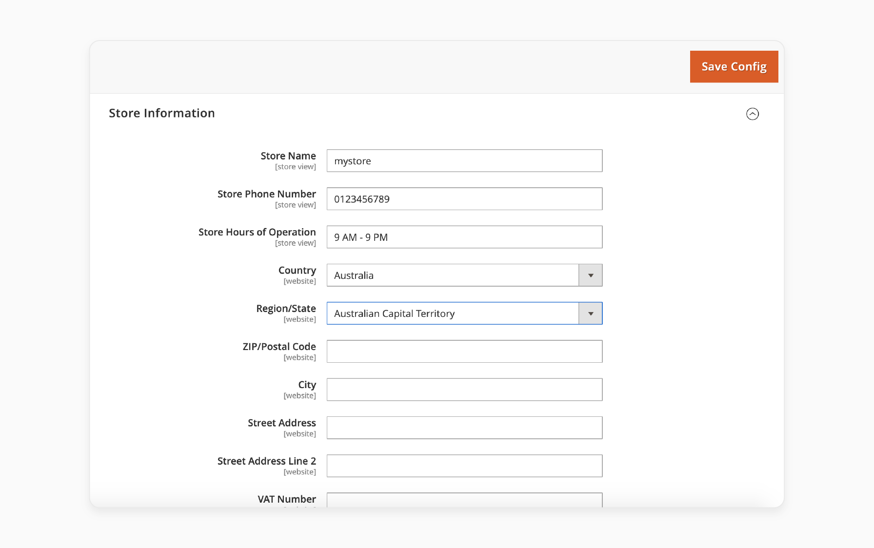 Store settings with name, contact, and currency options