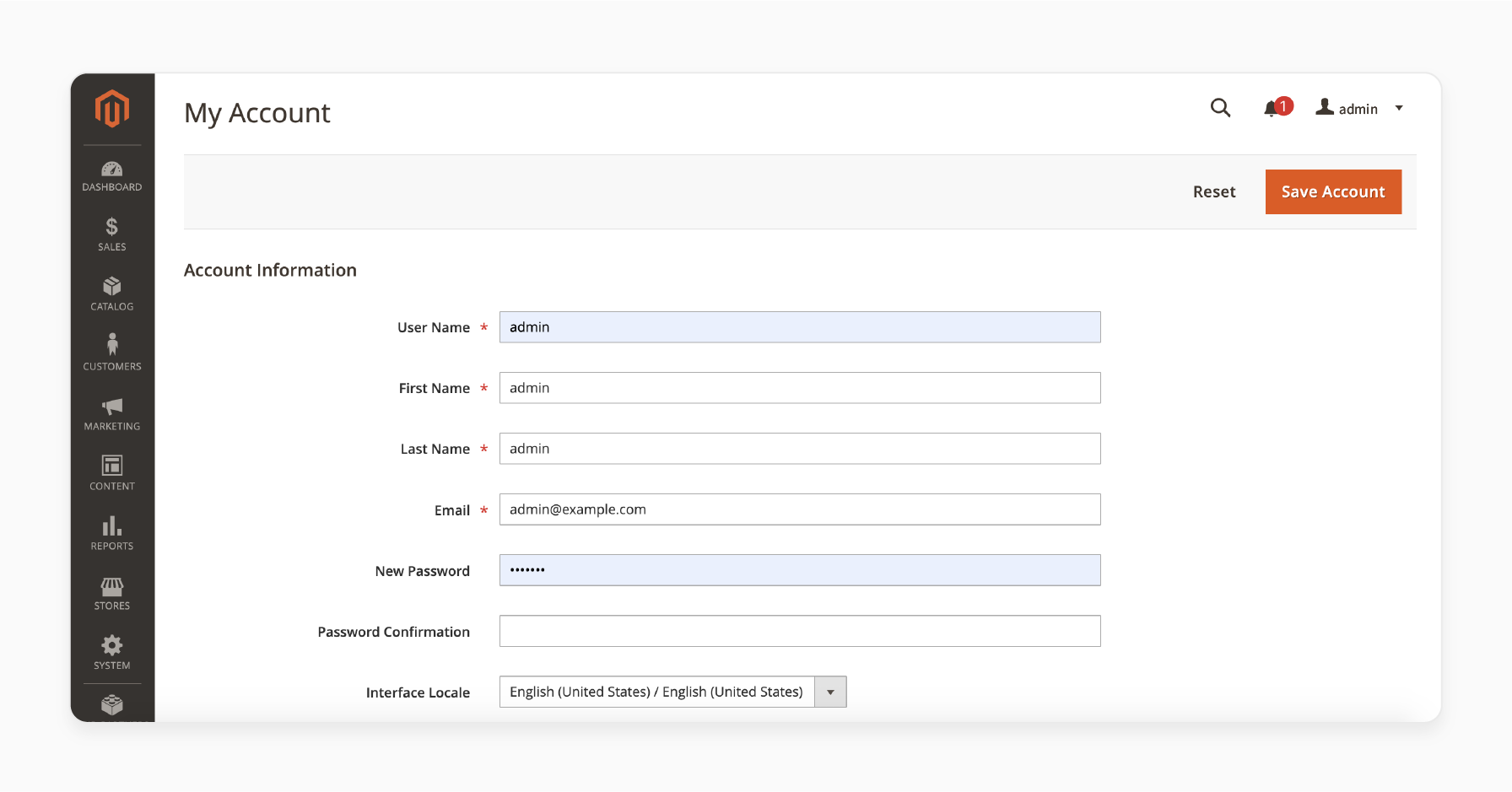 Admin account settings for user profile and security