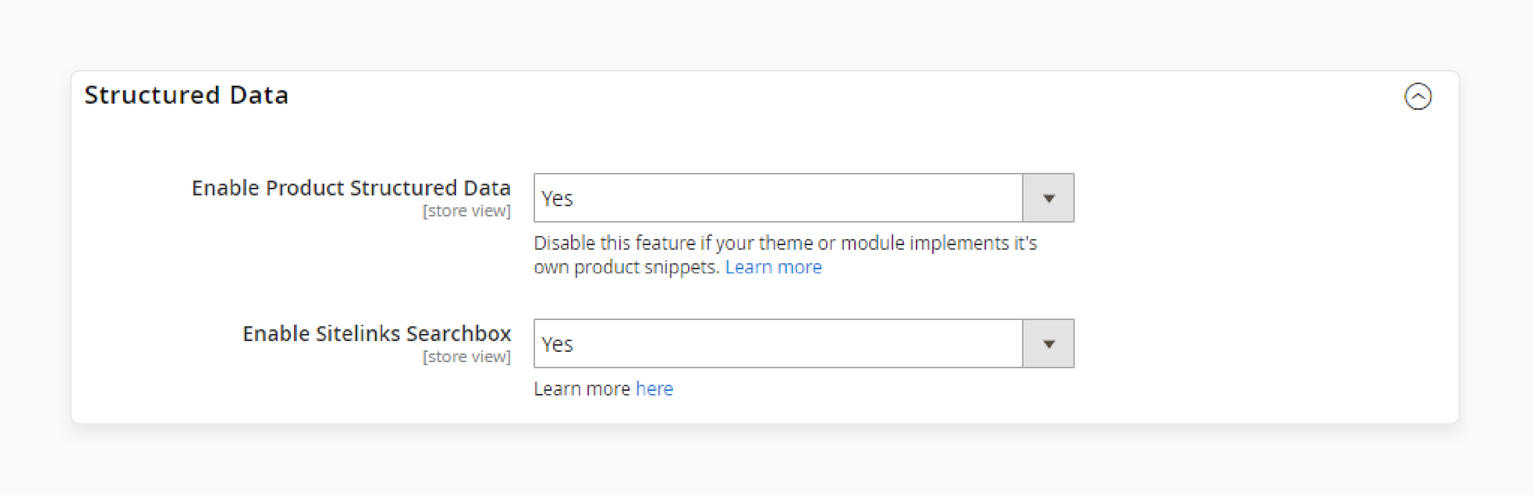 magento 2 settings displaying structured data configuration for product pages, improving search engine visibility