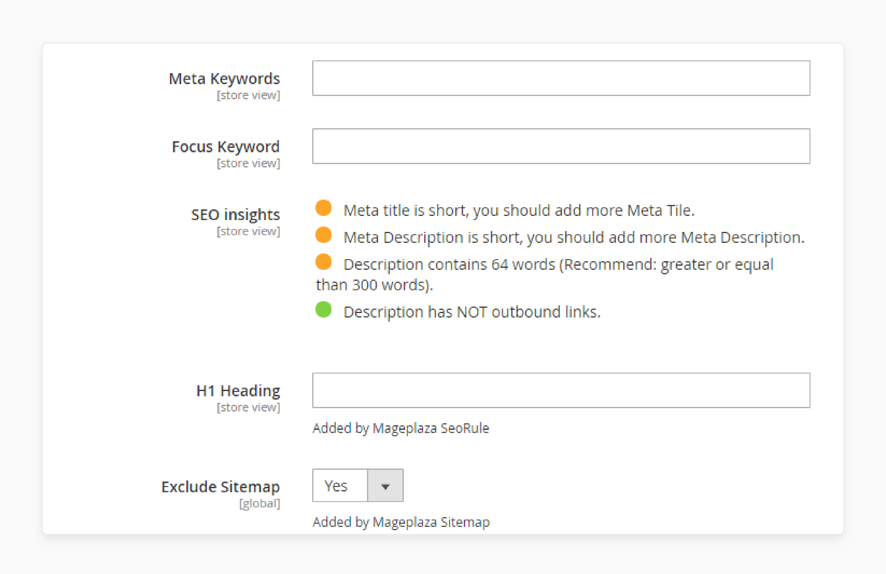 magento 2 seo insights displaying recommendations for meta description length and focus keyword usage