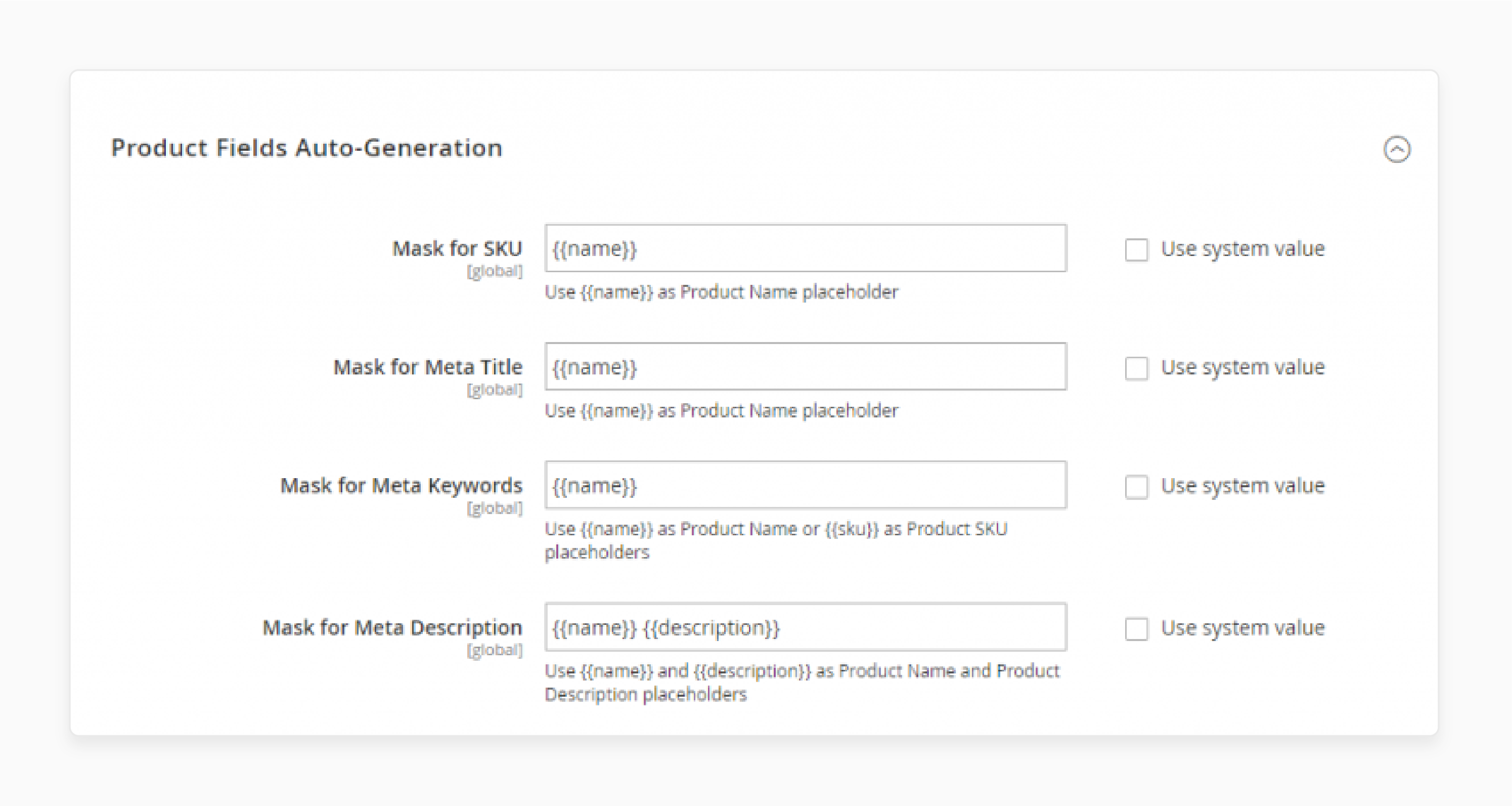 magento 2 auto-generation settings for product metadata, including sku, meta title, and meta keywords