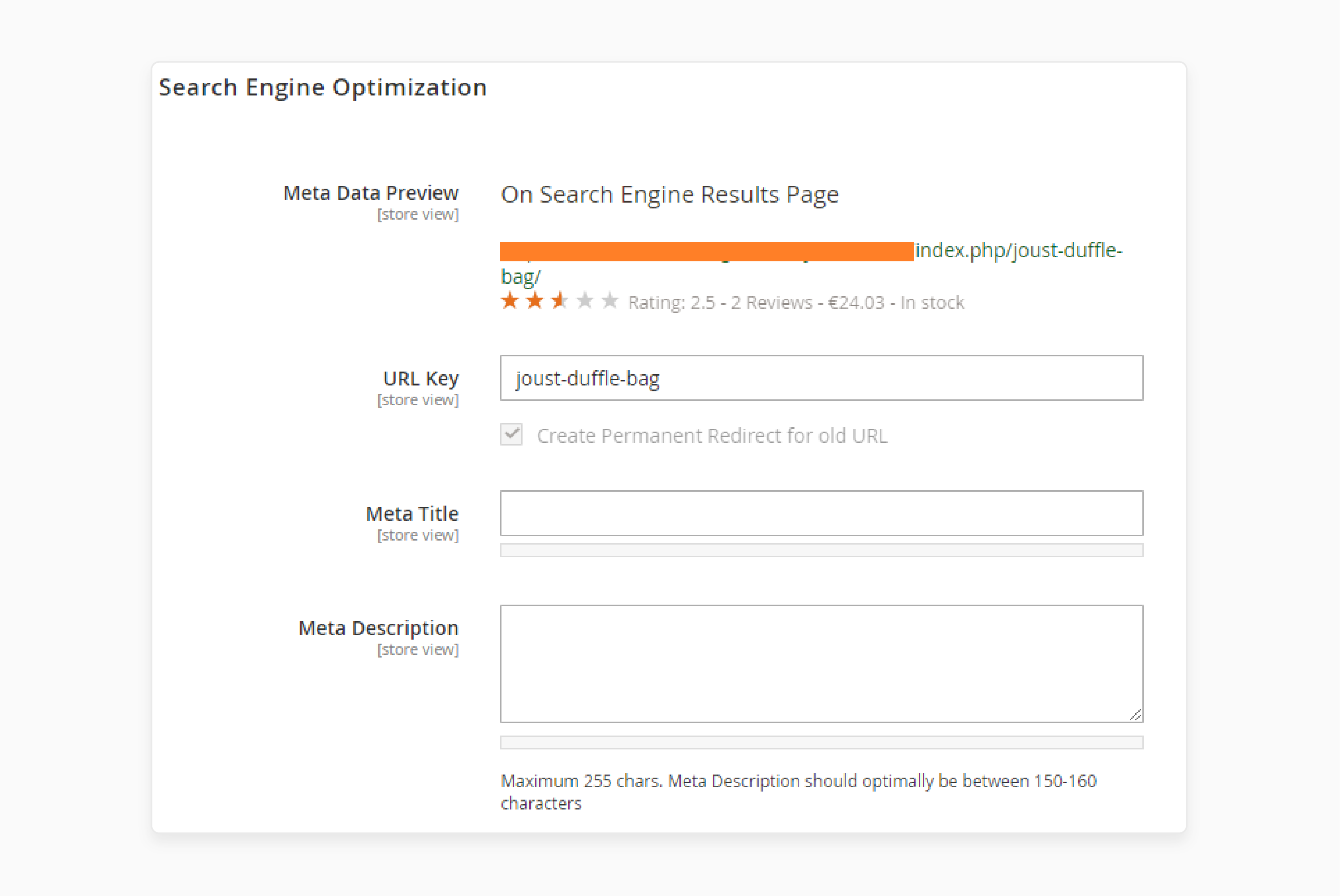 magento 2 seo panel showing the setup for optimized meta descriptions and focus keywords