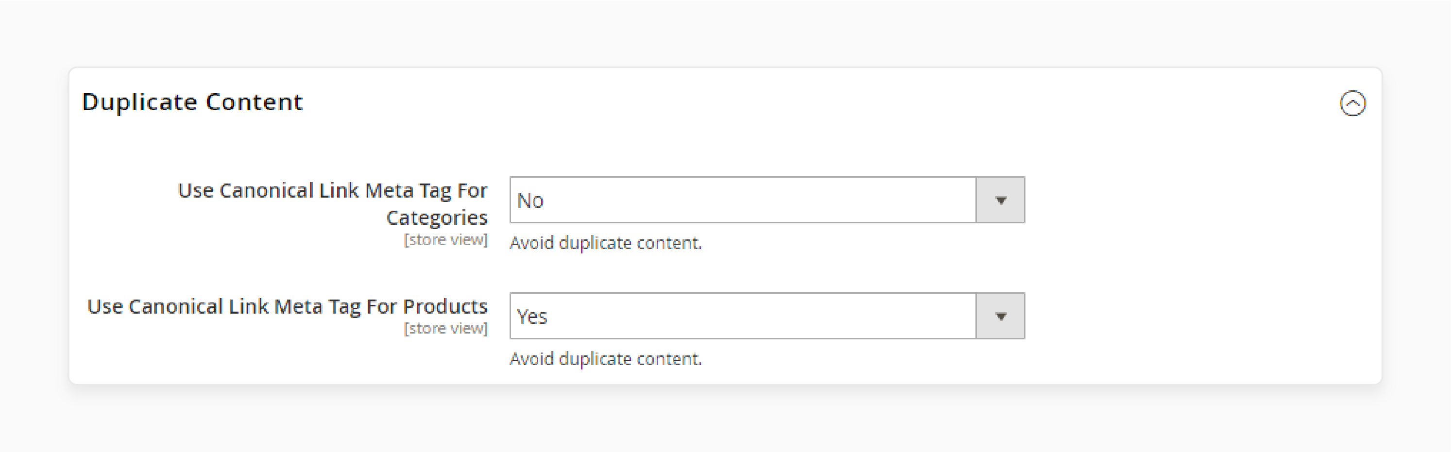 magento 2 admin panel settings for enabling canonical tags on product pages to prevent duplicate content issues