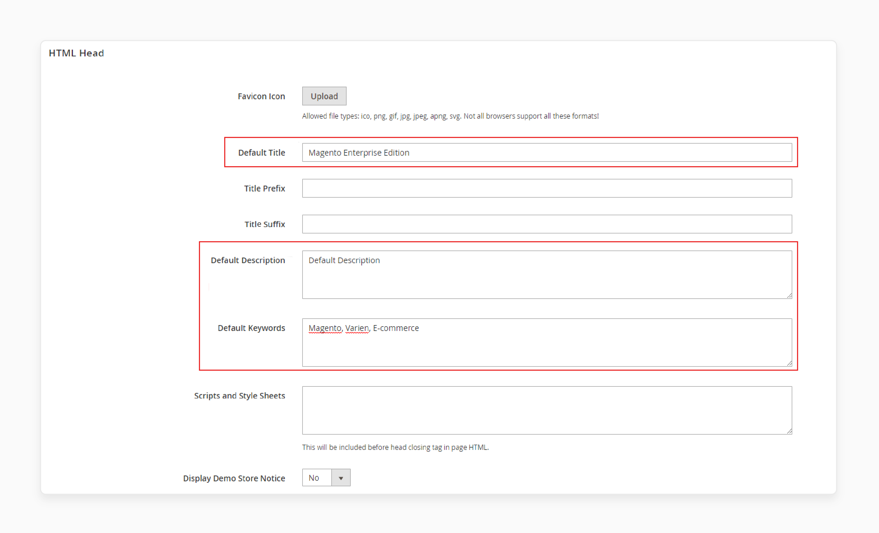 magento 2 seo settings with editable fields for meta title, meta description, and default keywords