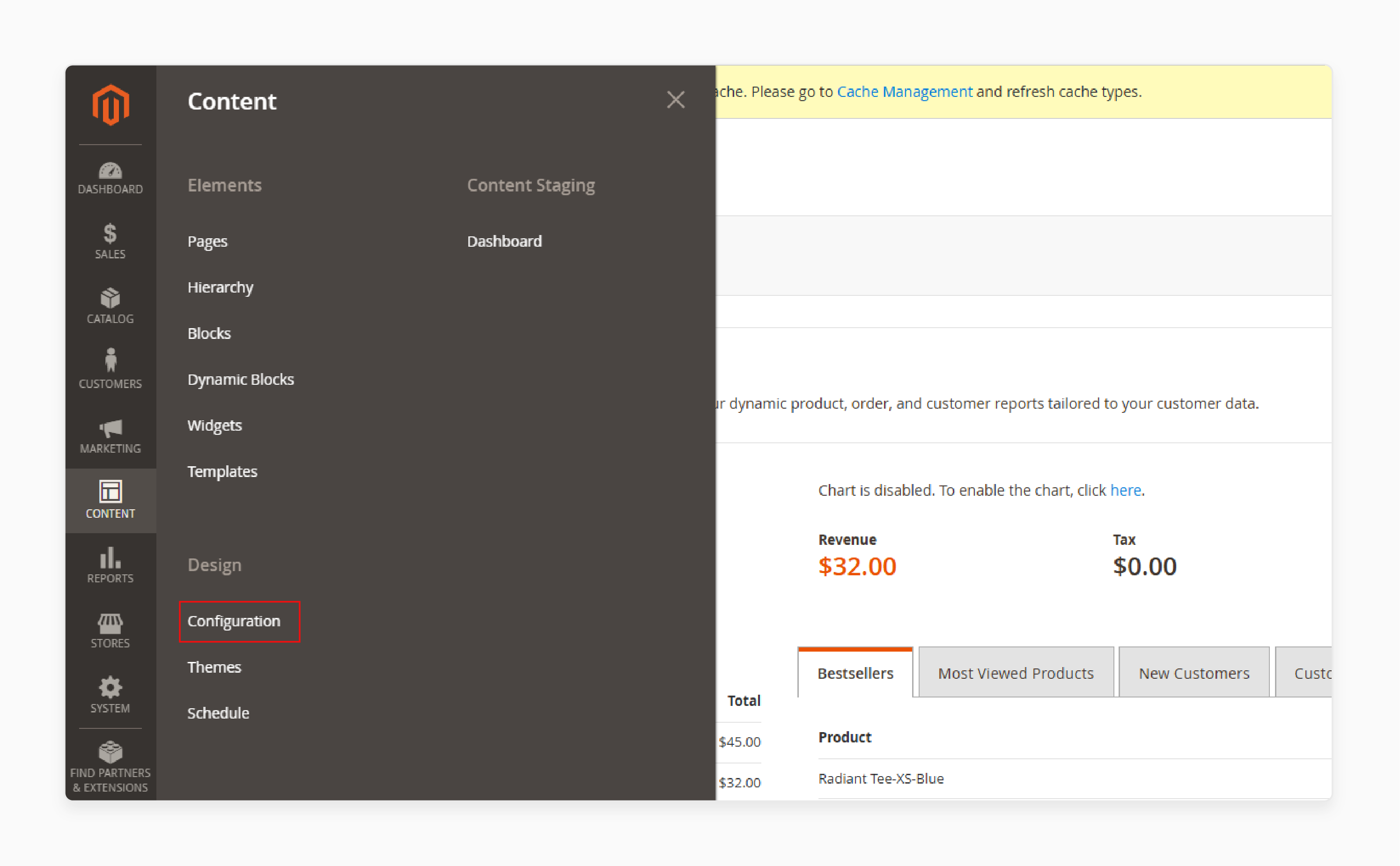 magento 2 admin panel showing the navigation path to content &gt; configuration for managing seo settings