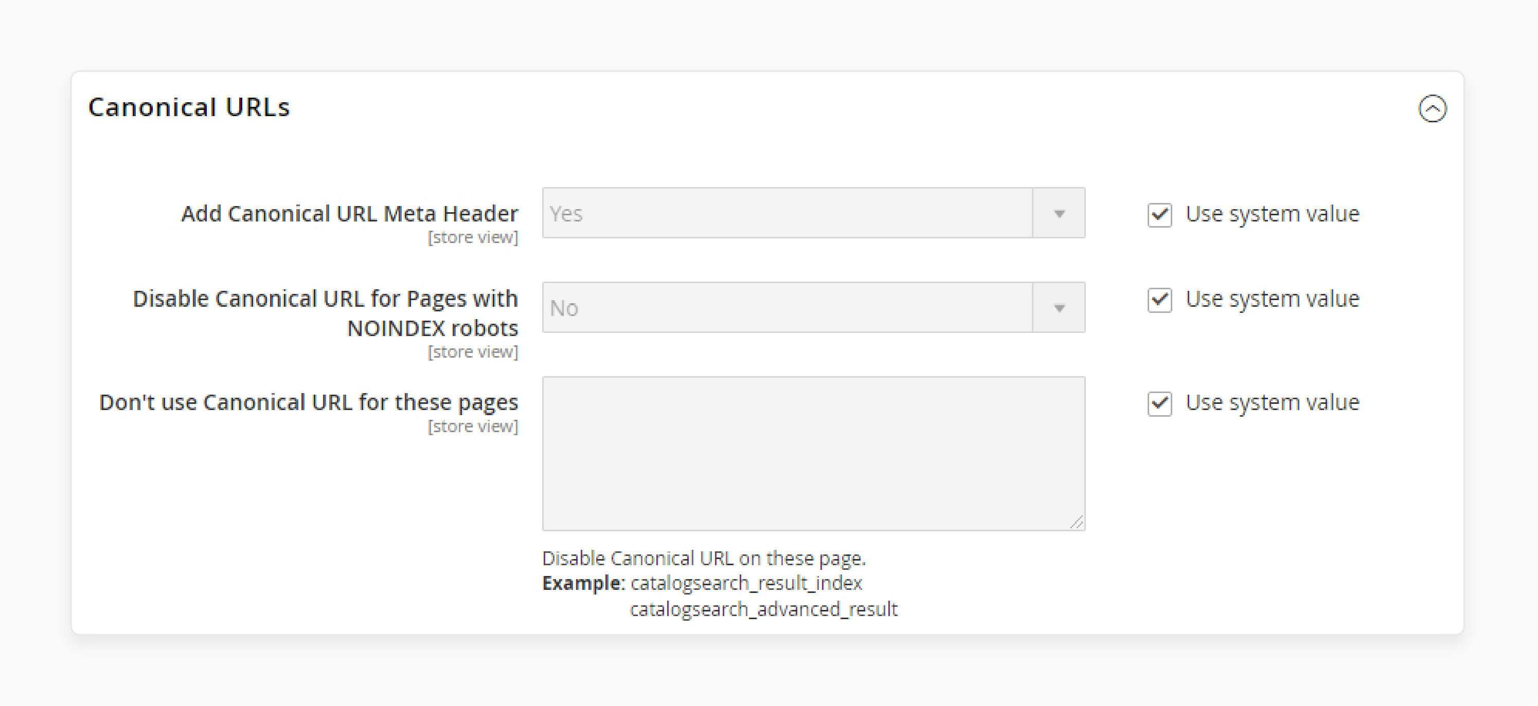 magento 2 seo settings showing the canonical url meta header configuration to improve search rankings