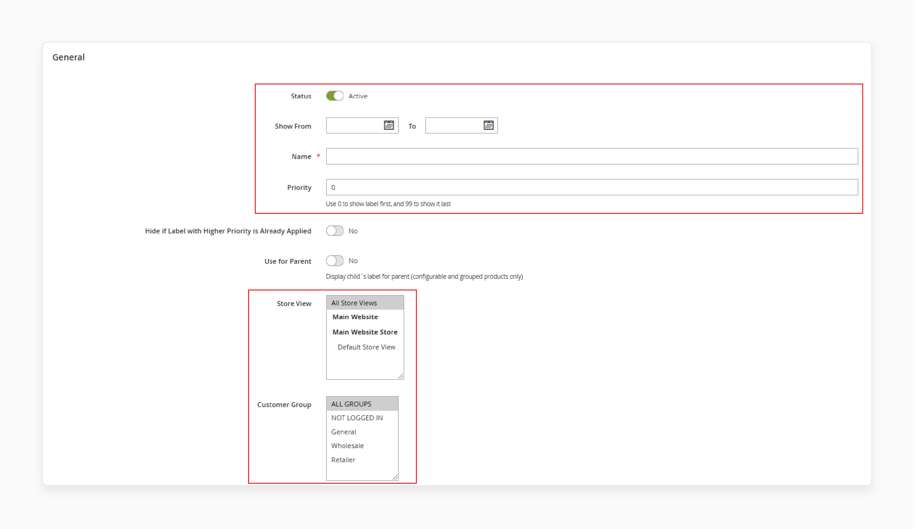 magento 2 new product label creation interface with customization options for labels and priority settings