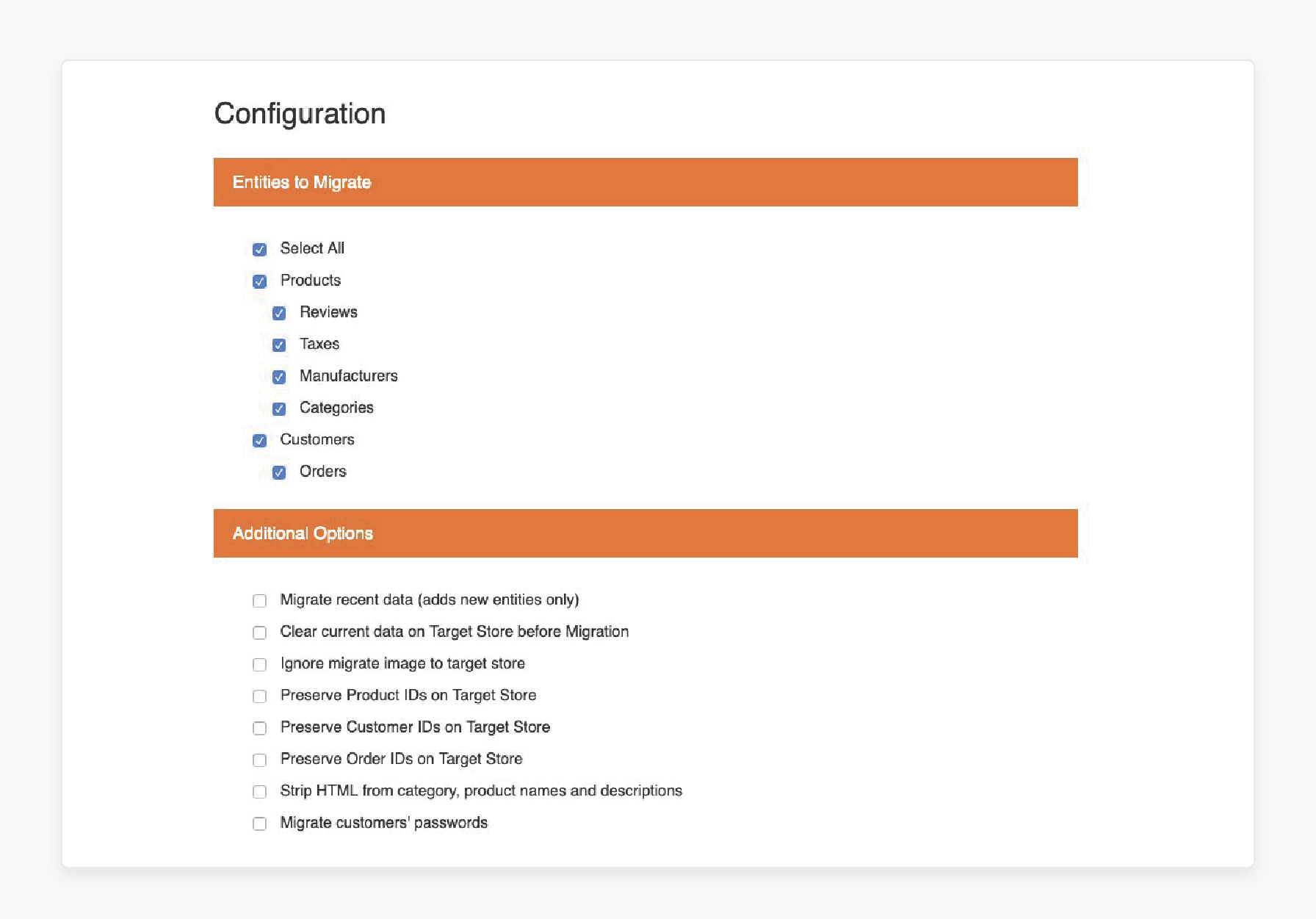 Selecting Entities for Migration During Zoey to Magento Migration