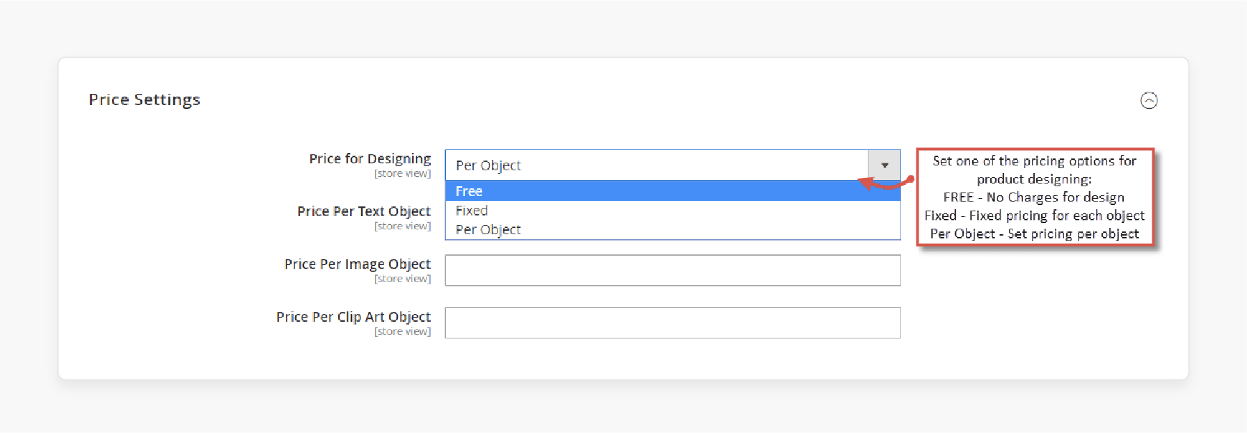 Configure price settings in the Magento 2 Custom Product Designer extension