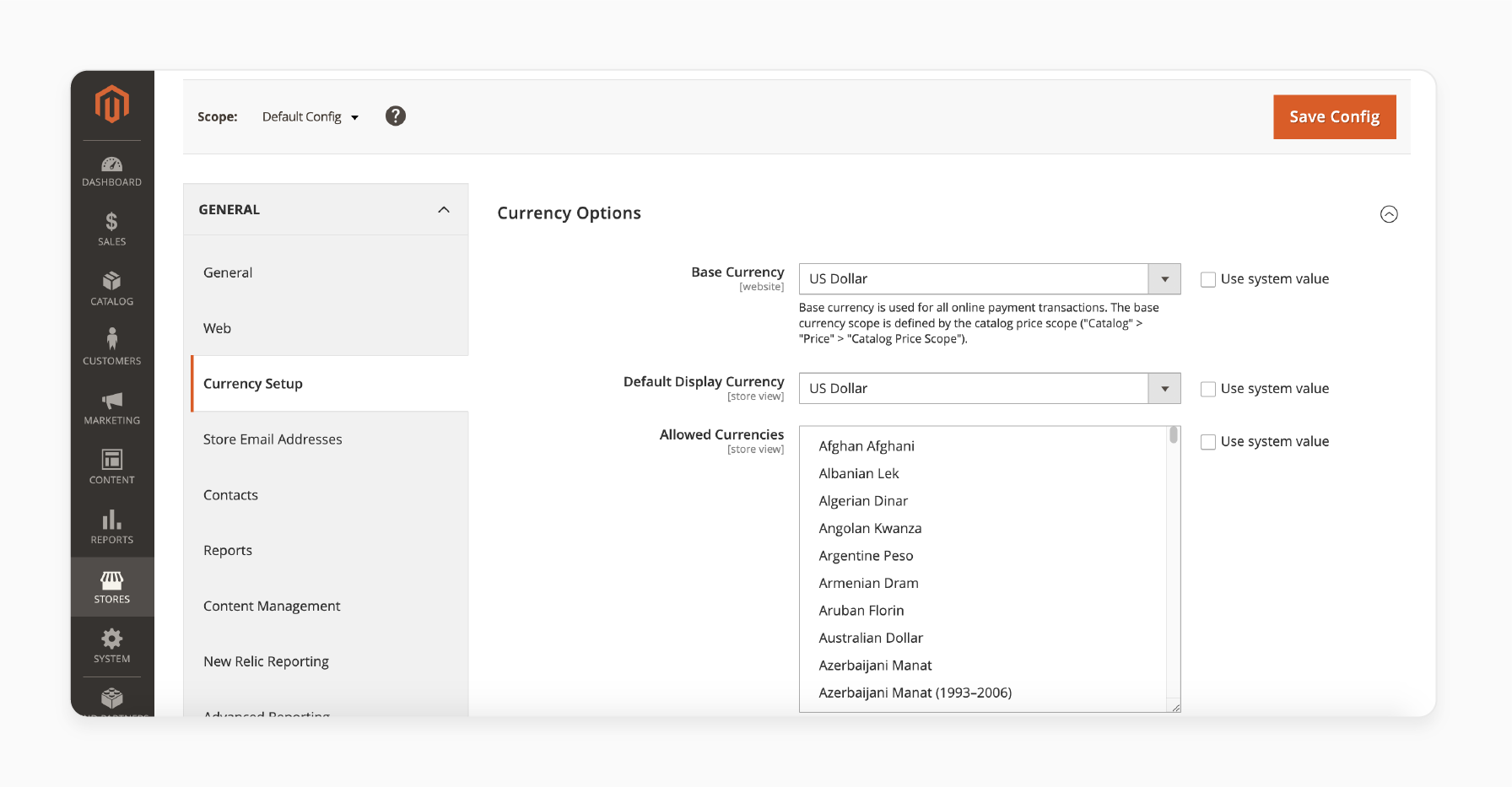 Navigate to Stores &gt; Settings &gt; Configuration&gt; General &gt; Currency Setup