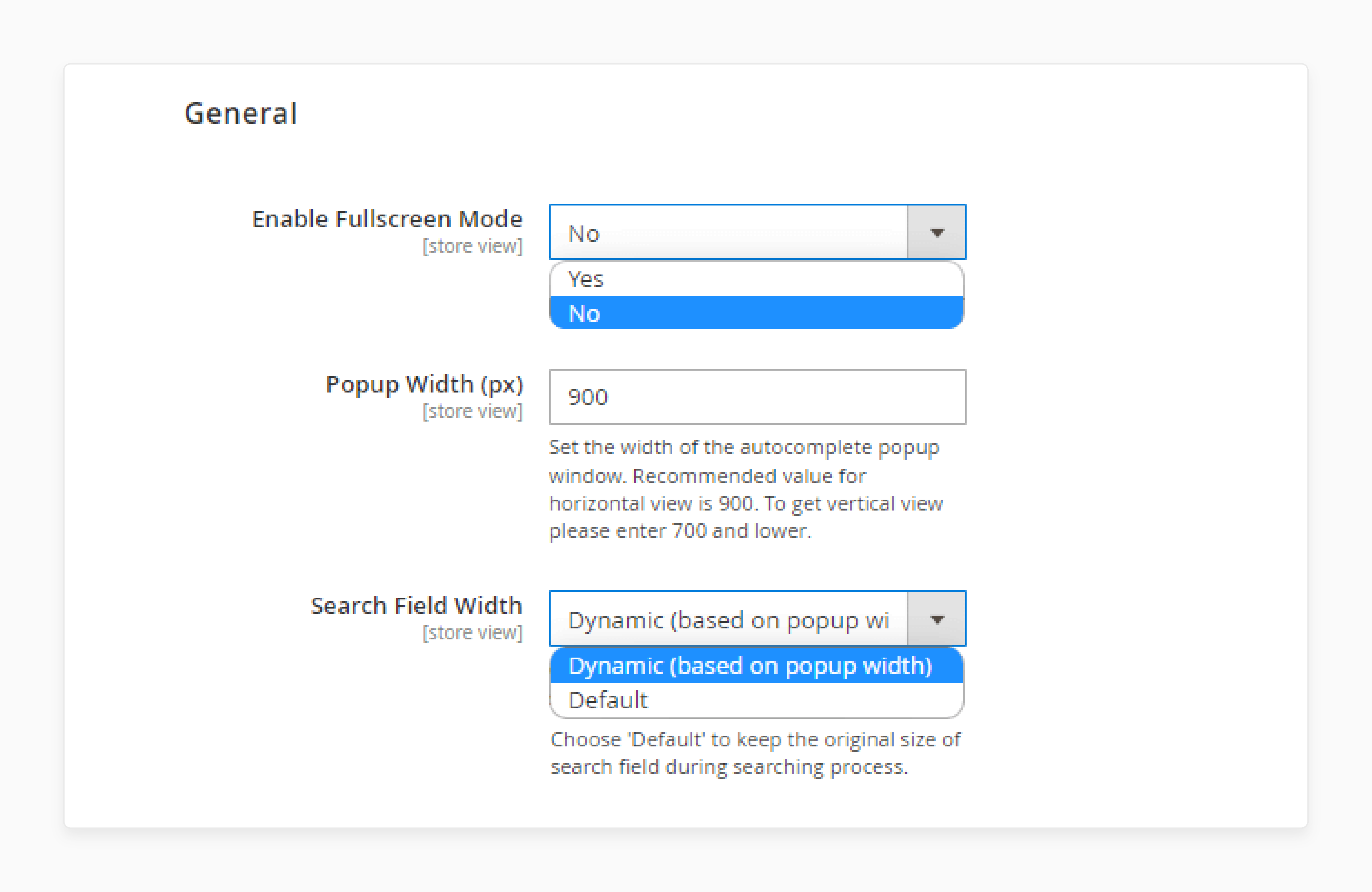 Enable full screen mode in the Magento 2 advanced search extension