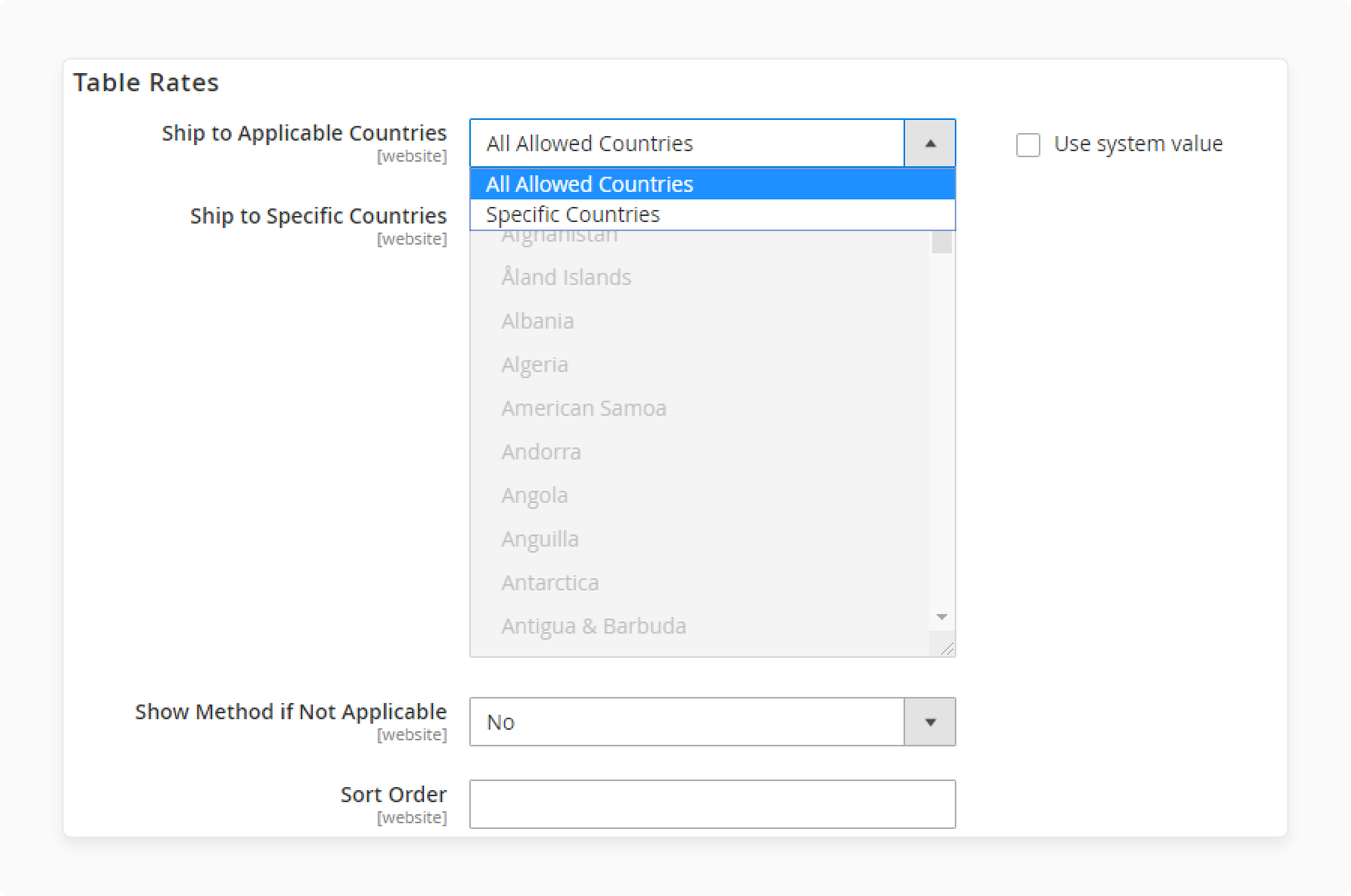 Countries in Magento 2 Shipping Table Rates Weight vs Destination