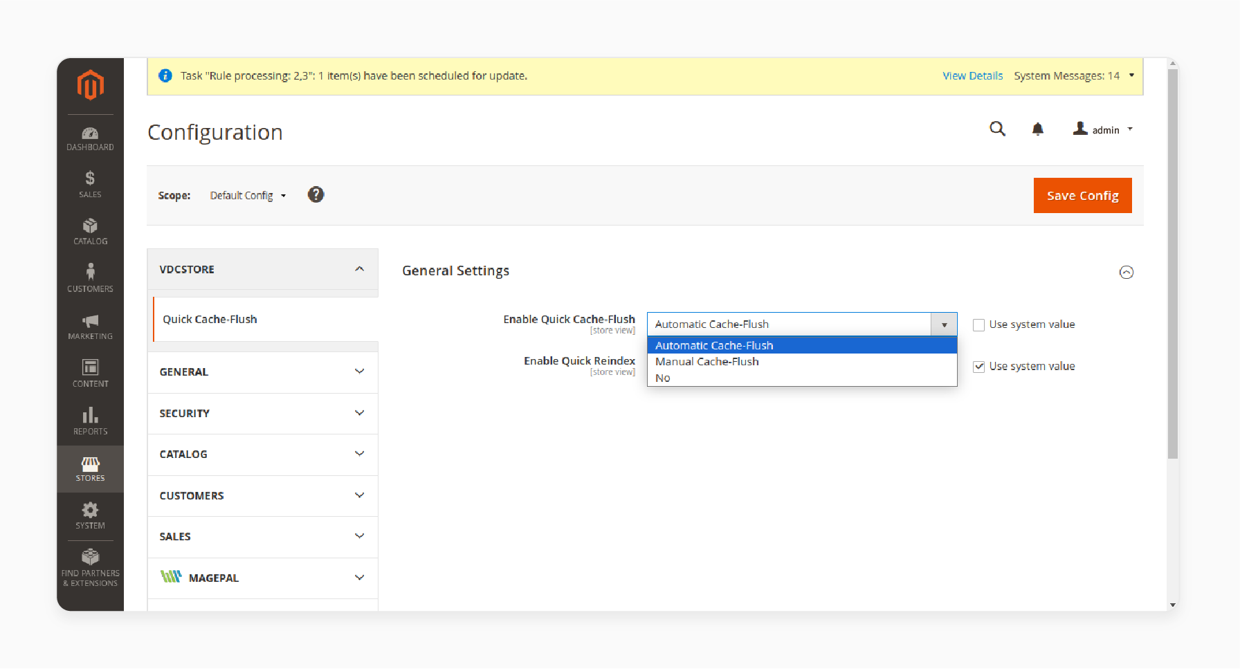 admin panel settings for enabling automatic and manual quick flush cache in magento 2