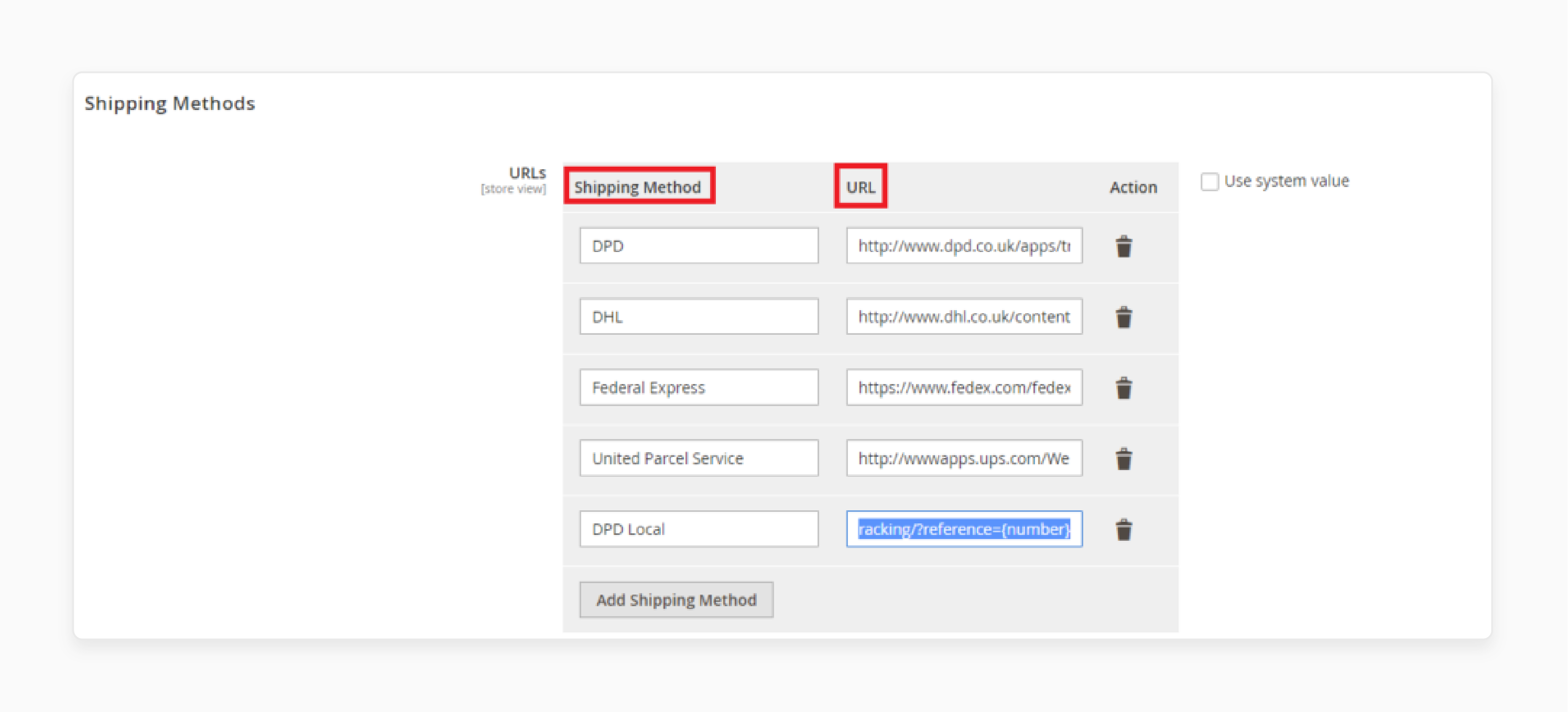 Set a tracking URL for shipping carriers