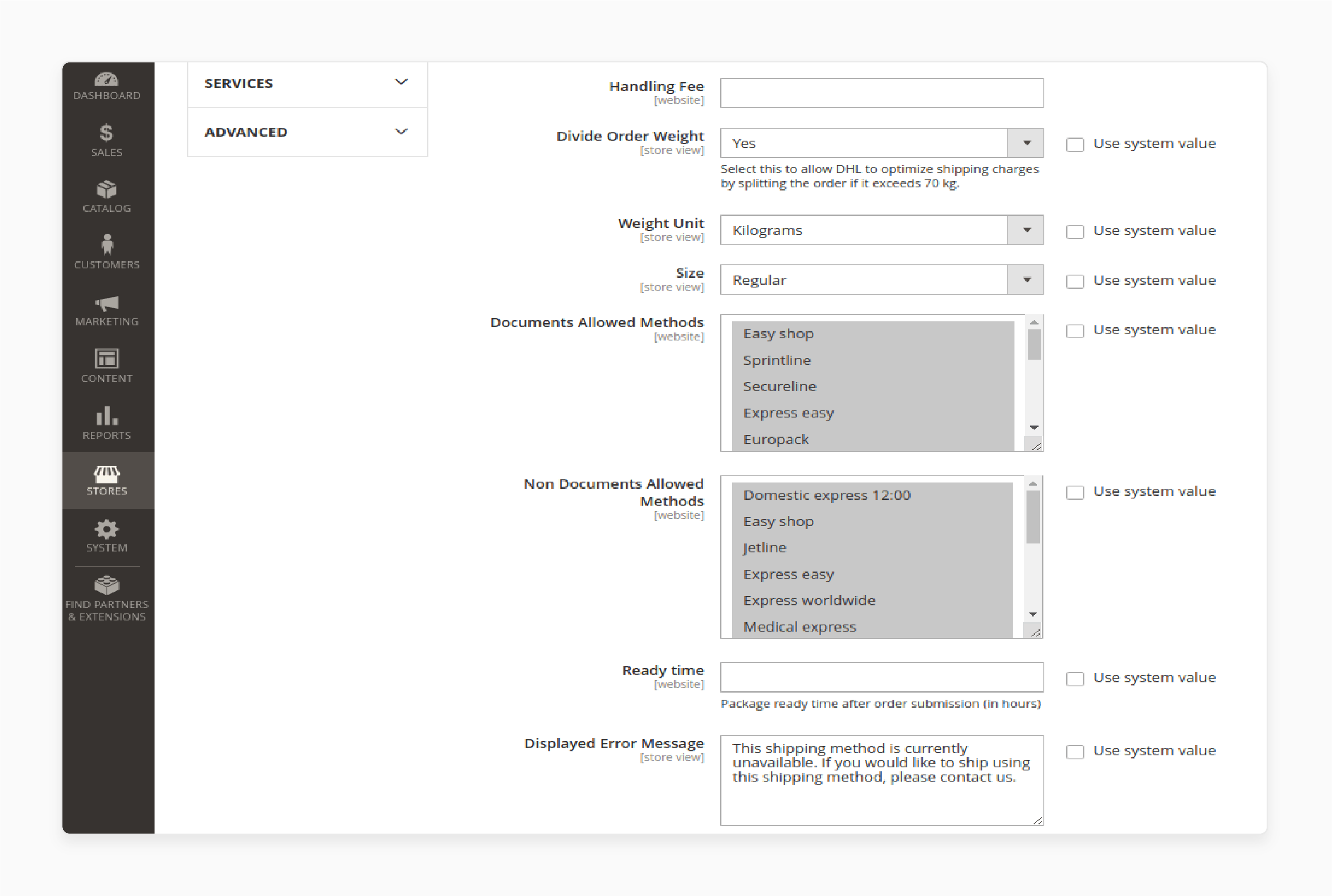 Set handling fees for shipping in Magento 2