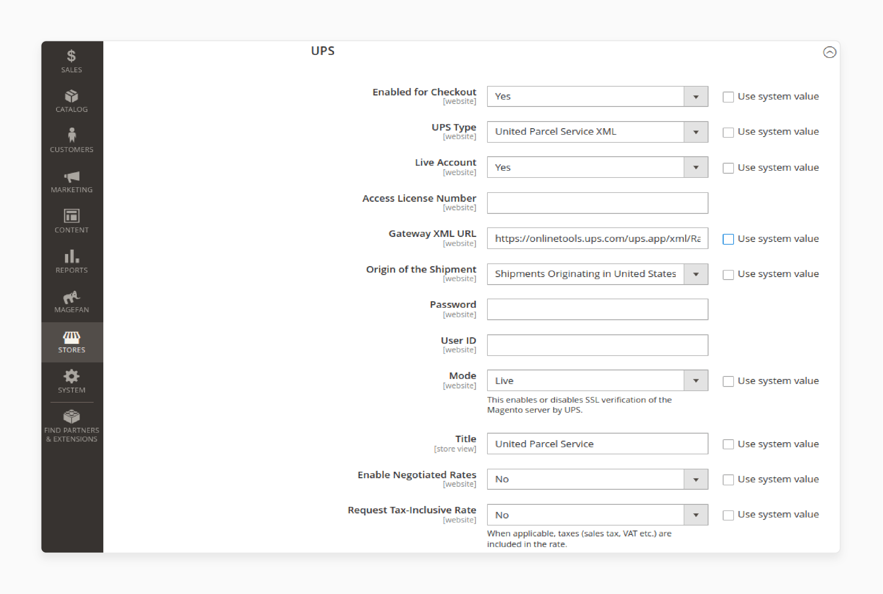 Select the UPS shipping type in Magento 2