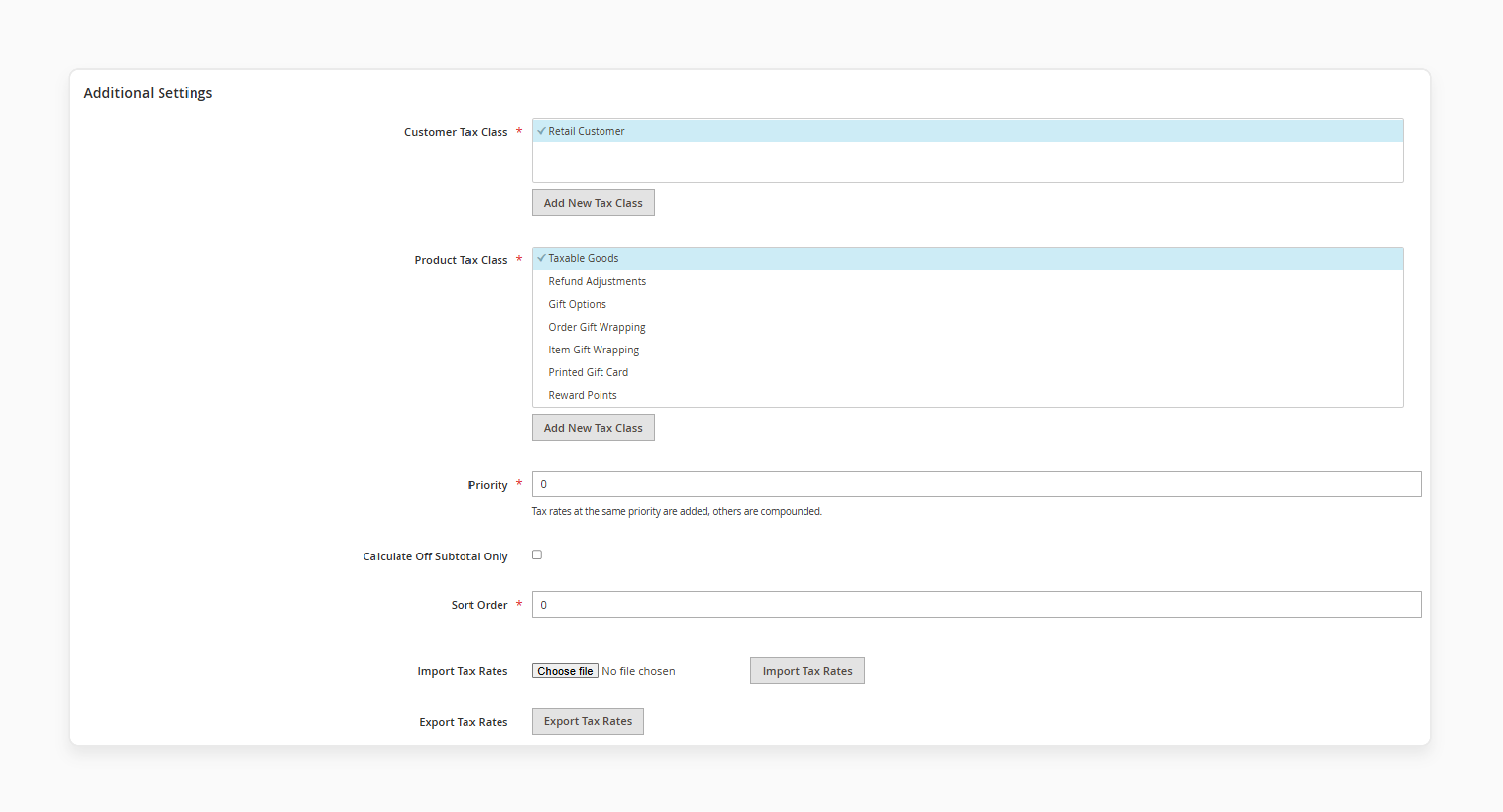 Magento Product Tax Class Settings