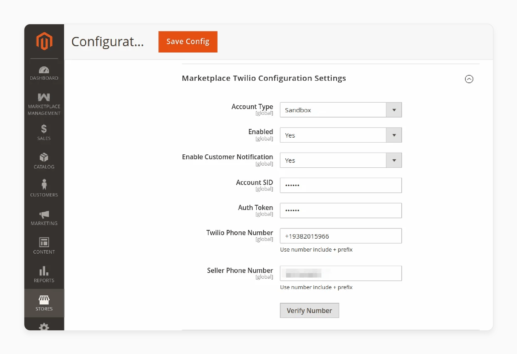 Enter the auth token for the magento 2 twilio extension